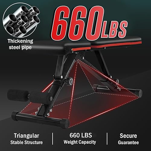 Miniatura 3 de PayLessHere Banco de pesas ajustable, prensa de banco plegable para entrenamiento de fuerza de cuerpo completo, inclinación, declinación, bancos de