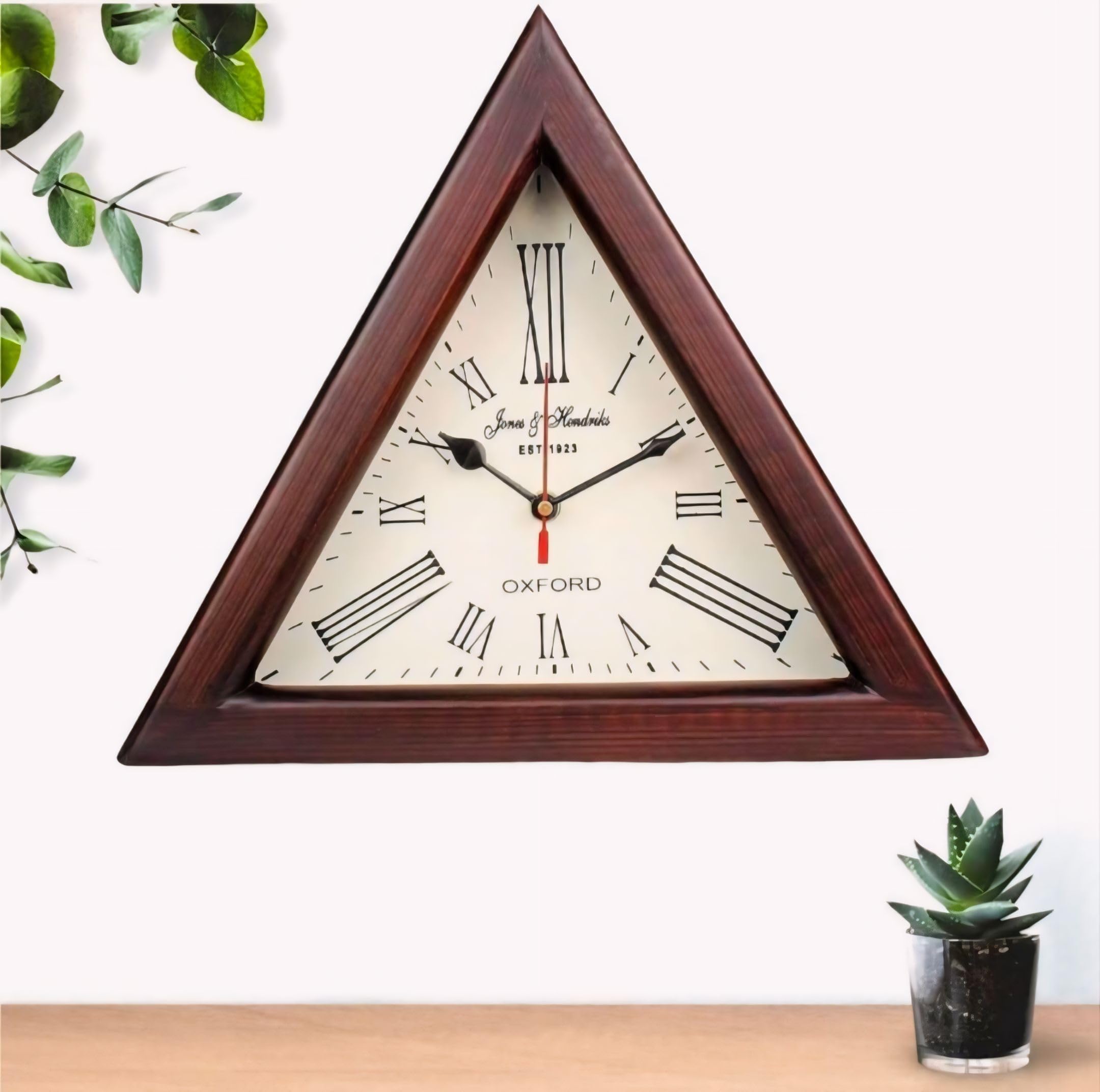 Vintage of worldVintage of world® Wall Clock Triangle Shape for Home Stylish 12 inch Brown Colour Antique Style Art Unique Beautiful Flower Design Office Decor Wood Metal Glass