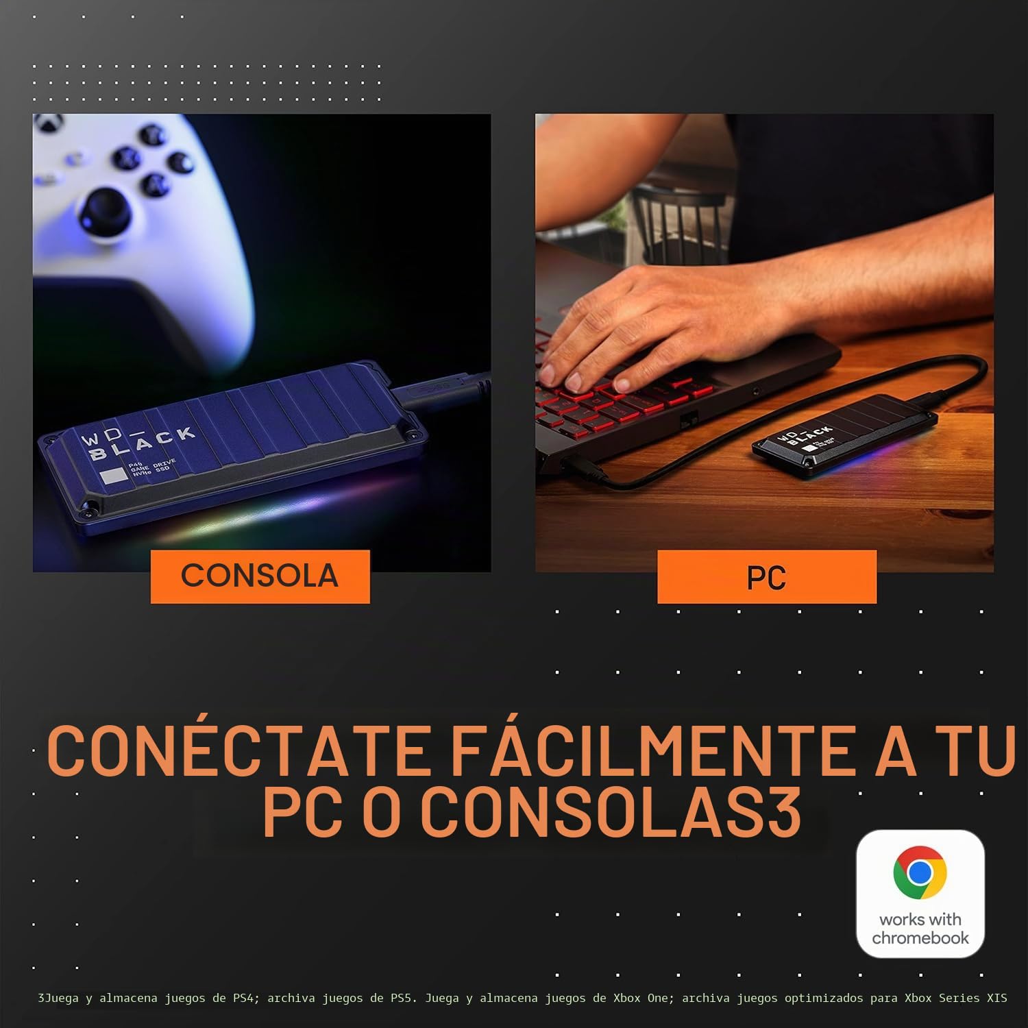 WD_BLACK P40 2TB Game Drive SSD USB-C USB 3.2 Gen 2x2 Memoria de estado sólido NVMe externa hasta 2000 MB/s Iluminación RGB personalizable compatible con Playstation, Xbox, PC y Mac