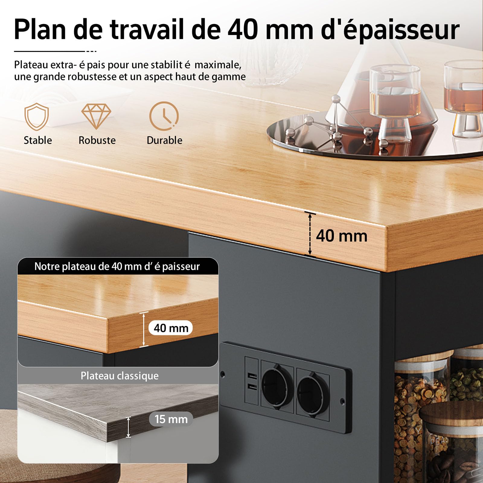 DHHU Îlot de Cuisine 155x80x90 cm avec Prises & USB, Plan de Travail Épais 40 mm, Éclairage LED Intégré, 3 Étagères de Rangement, Meuble Multifonction pour Cuisine et Salle à Manger