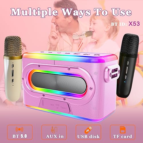 Miniatura 5 de Altavoz de reverberación de 80 W, máquina de karaoke inalámbrica BT con 2 micrófonos, sistema PA alimentado por batería para adultosniños, fiesta en