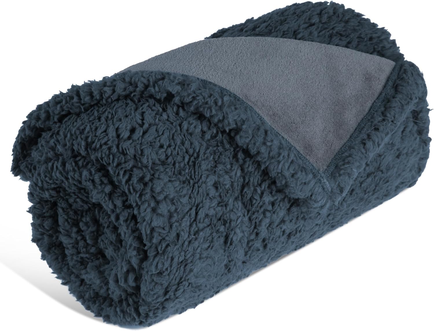 Stuffed Waterproof Dog Blankets for Small Medium Dogs, 38" x 34" Puppy Blanket Covers for Sofa, Reversible Flush Sherpa Fleece Flannel Furniture Protector, Navy & Gray