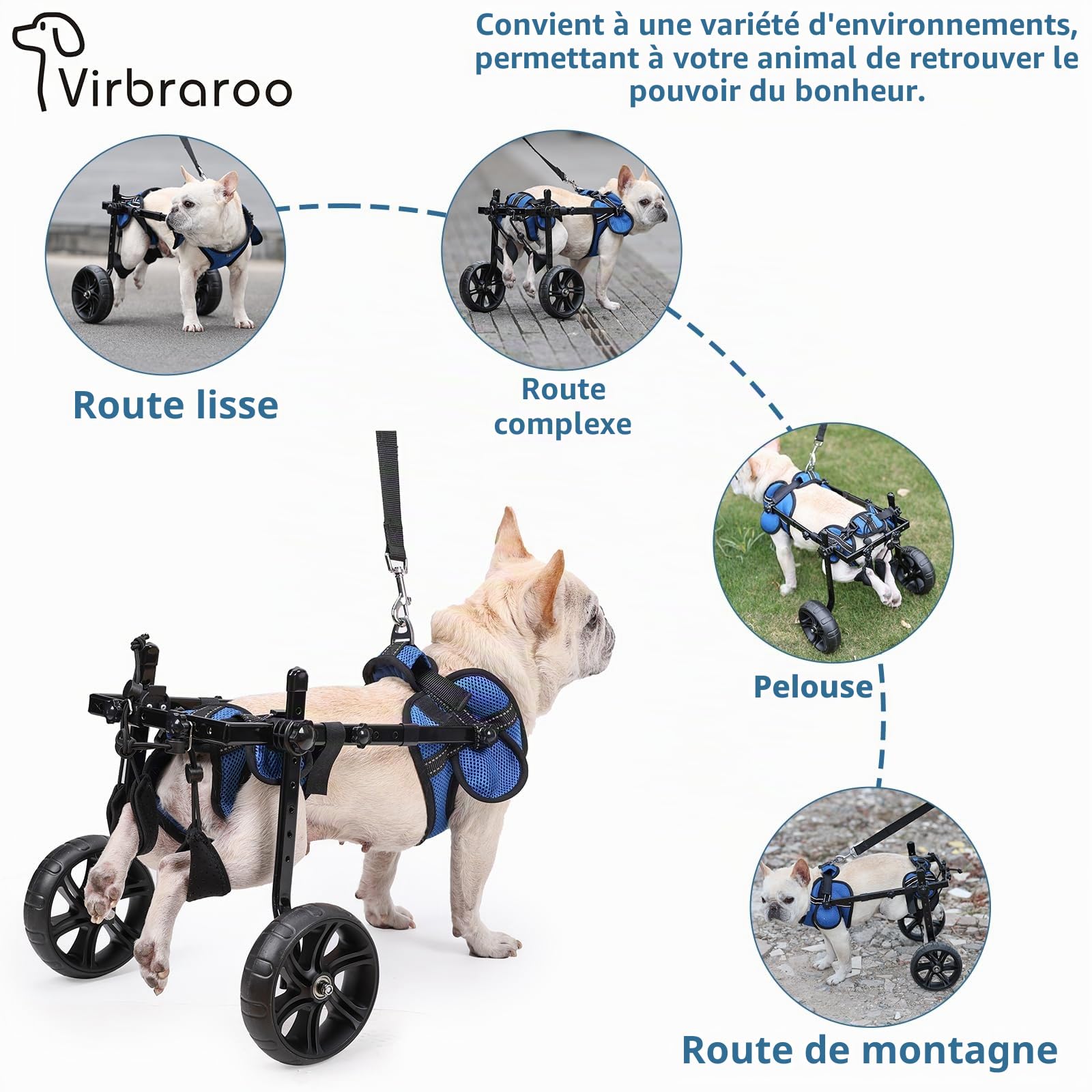 Fauteuil roulant Pvirbravoo Dlm-01 - Pneus tout-terrain améliorés pour petit chien - Fauteuil roulant réglable pour chien - Design de sécurité réfléchissant pour pattes arrière handicapées ou blessées