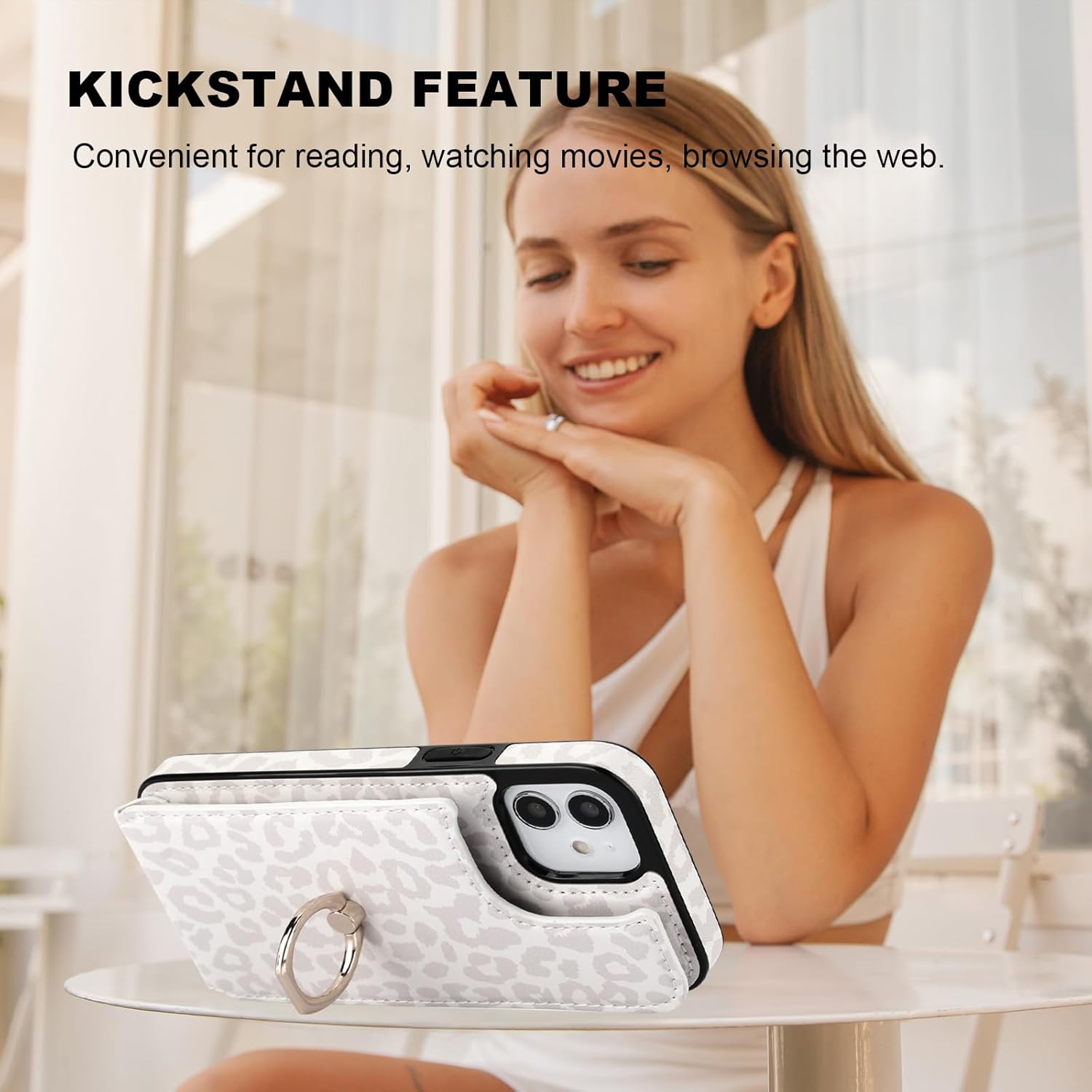 HAOPINSH for iPhone 12/ iPhone 12 Pro Wallet Case with Card Holder, 360°Rotation Ring Kickstand, White Leopard Pattern, RFID Blocking Leather for Girls Women, Double Buttons Protective Cover 6.1"