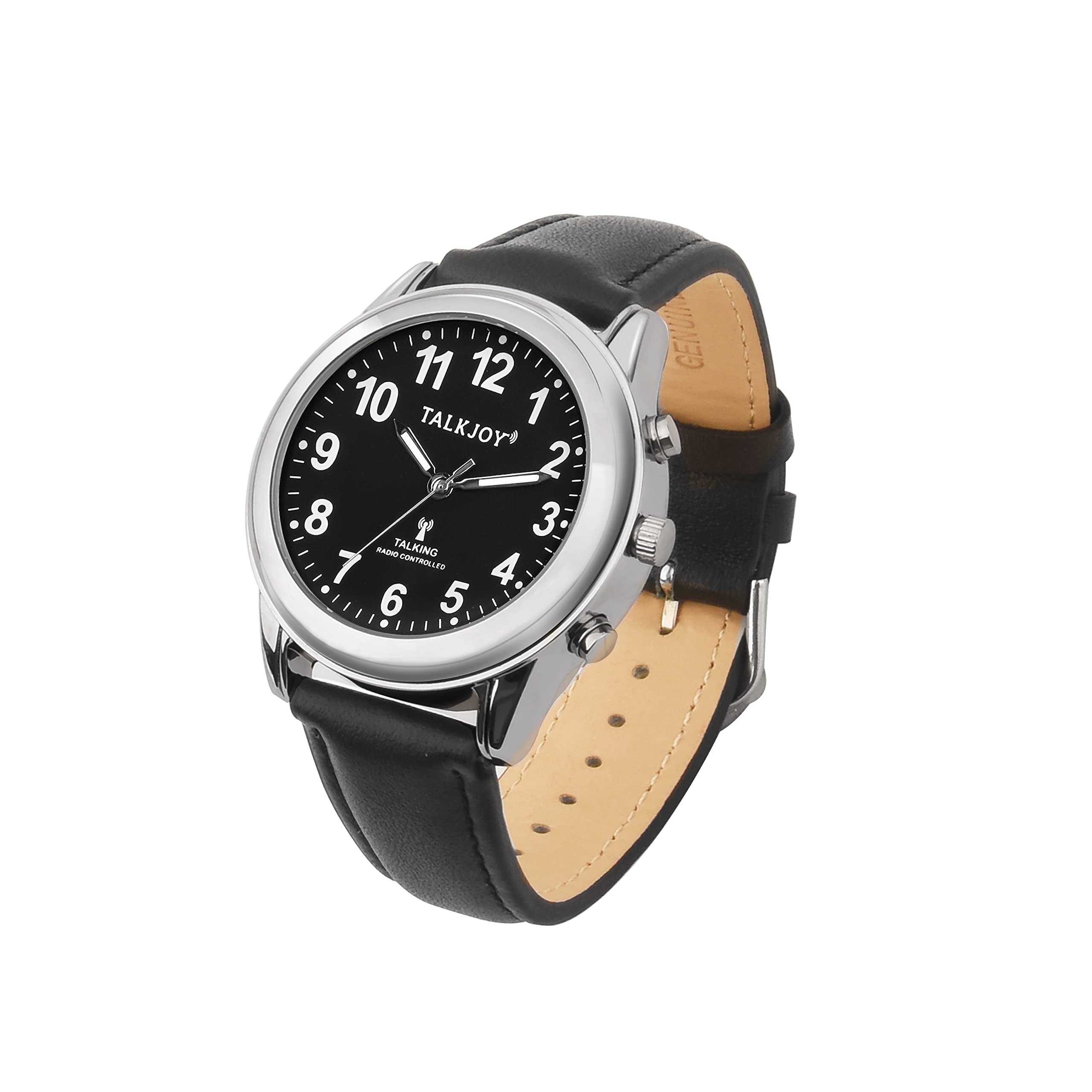 Sprechende Funkuhr schwarzes Zifferblatt Damen Armbanduhr Uhr Lederarmband Seniorenuhr Blindenuhr