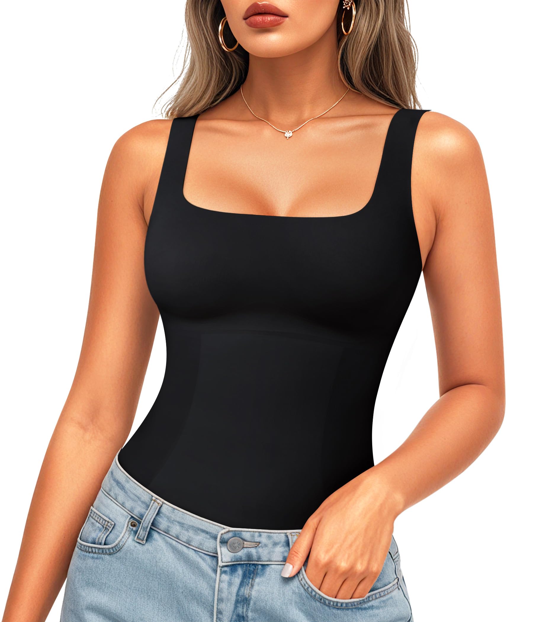 LODAYCompression Tank Tops for Women Shapewear Tummy Control Square Neck Camisole Cami Tops