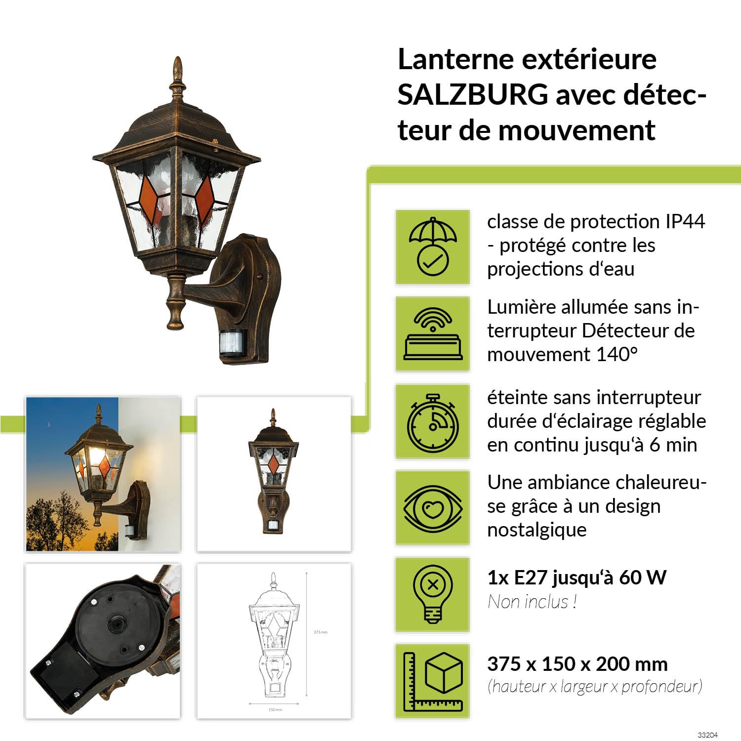 Luminaire extérieur avec détecteur de mouvement en cuivre antique IP44 pour cour et jardin H:37,5 cm E27 max. 60 W Tiffany Rustique Lampe murale à capteur SALZBURG