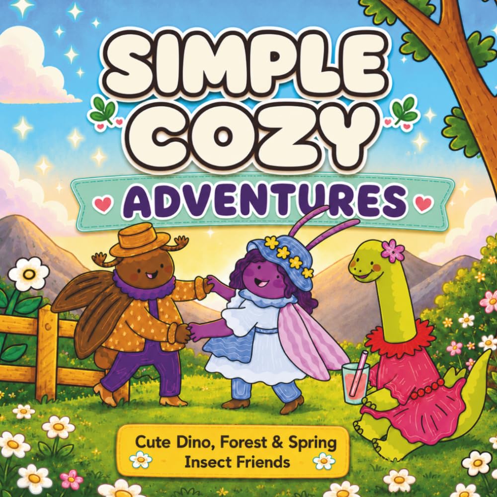 Simple Cozy Adventures: Charming Dino, Forest & Spring Insect Friends in Cute Daily Life Scenes | Coloring Book for Adults & Teens