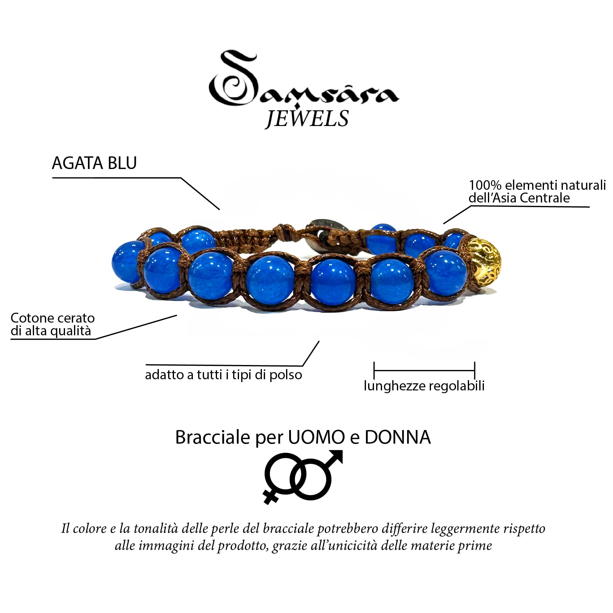 Samsara Bracciale Tibetano Buddista - Shamballa con Agata Blu - Filo in cotone cerato