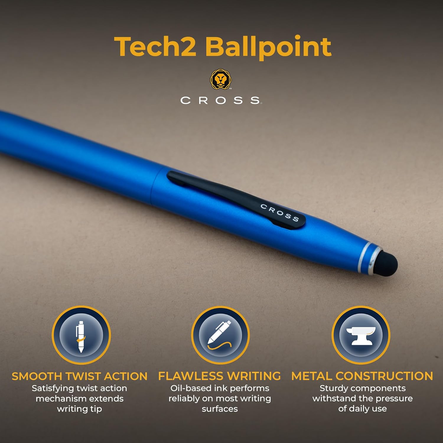 Cross Tech2 Engraved Ballpoint Pen with Stylus Tip, Metallic Blue, Twist Action, Personalized Gift for Graduation, Birthday, Career Advancement, Tech Users, Cross Gift Box Included