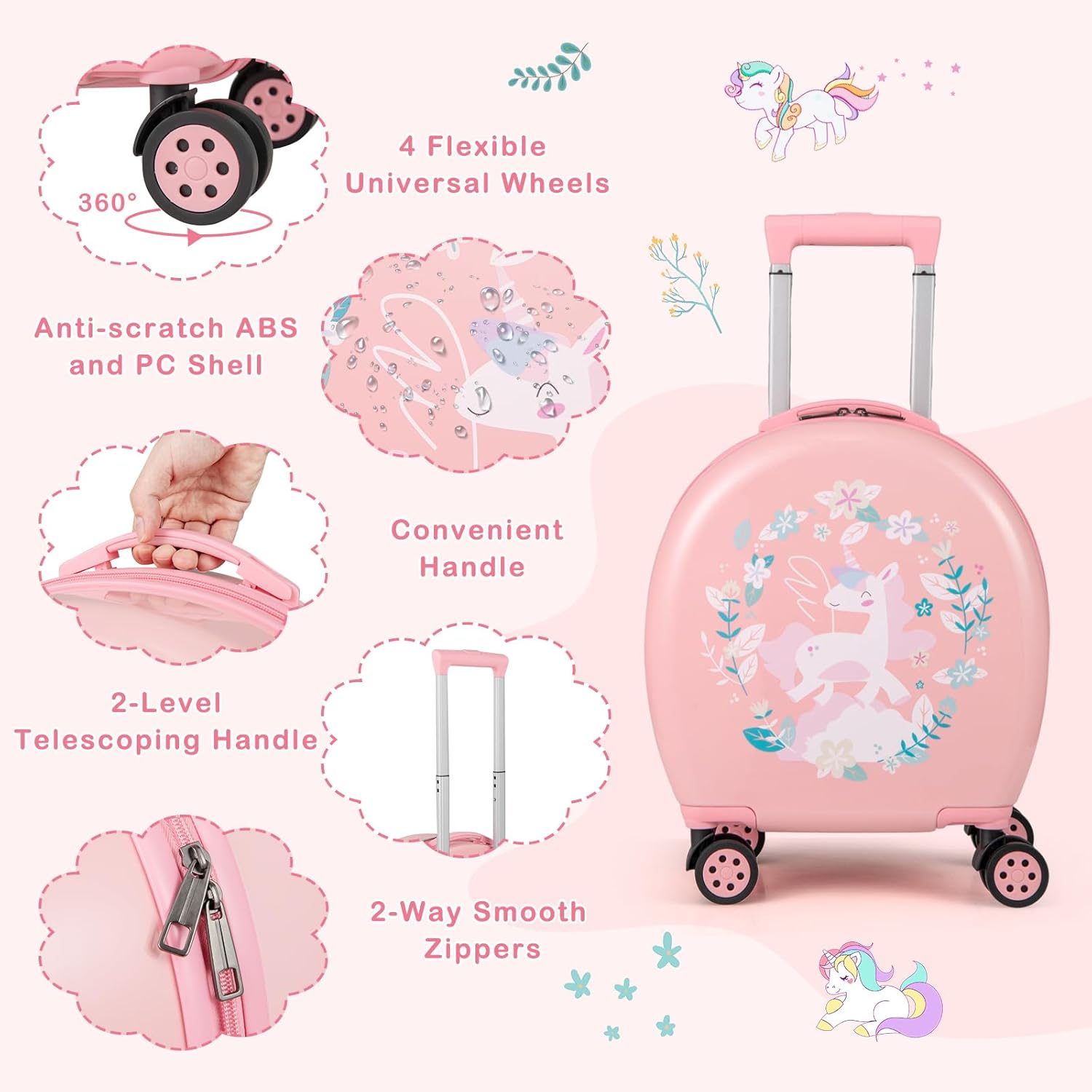 KOTEK Kids Luggage, 4 Piece Suitcase Set, 14” Kids Carry on Luggage with Wheels, Hardshell Backpack, Neck Pillow, Luggae Tag, Toddler Travel Rolling Suitcase for Boys Girls (Pink)