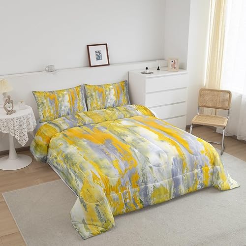 Miniatura 2 de Erosebridal Juego de edredón de teñido anudado amarillo, tamaño Queen, juego de ropa de cama degradada, gris, abstracto, grunge, juego de edredón de