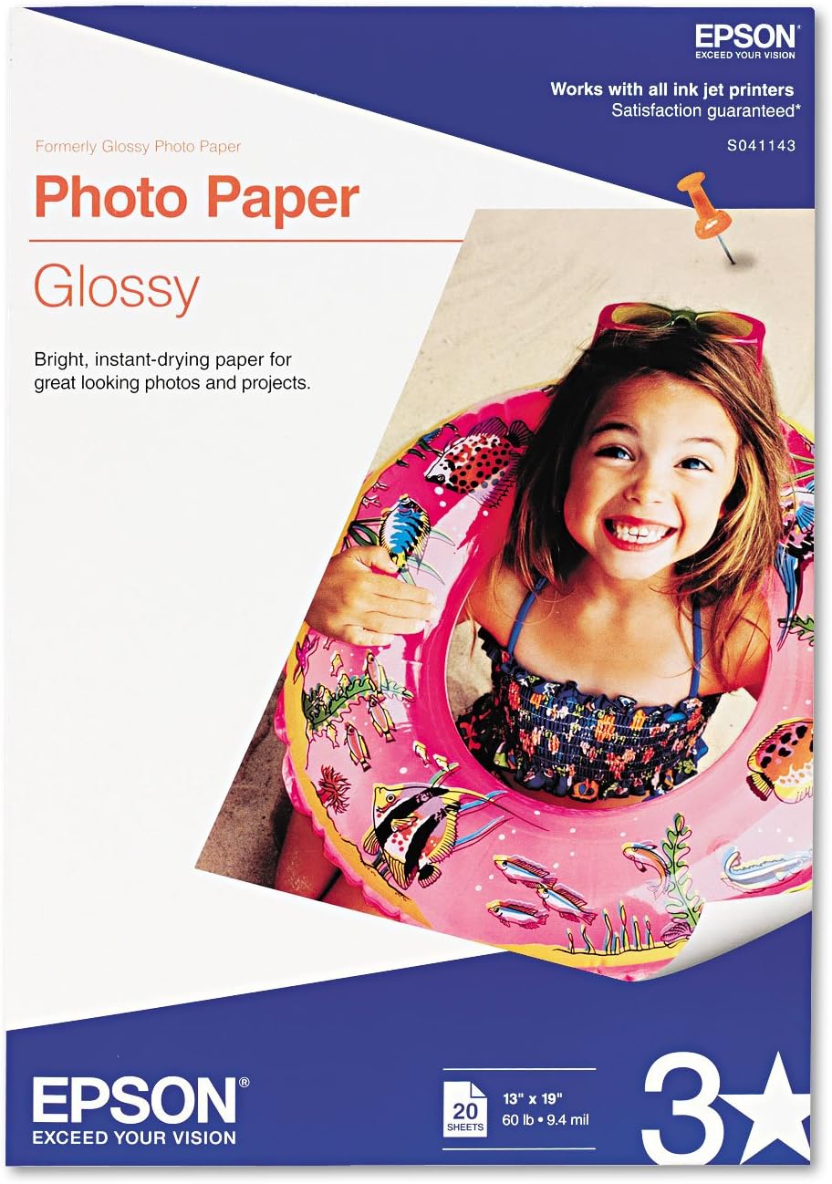 Epson Glossy Photo Paper, 60 lbs, Glossy, 13 x 19, 20 Sheets/Pack