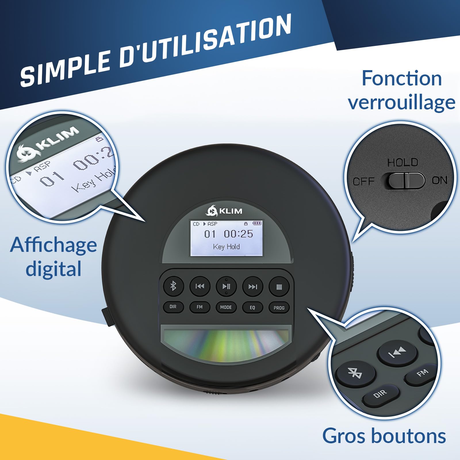 Nomad Lecteur CD Portable Bluetooth - Batterie Longue Durée - avec Casque | Écouteurs Inclus, Double Port Audio, Carte TF, Radio FM, Protection Anti-Saut, Câble AUX Voiture - Noir