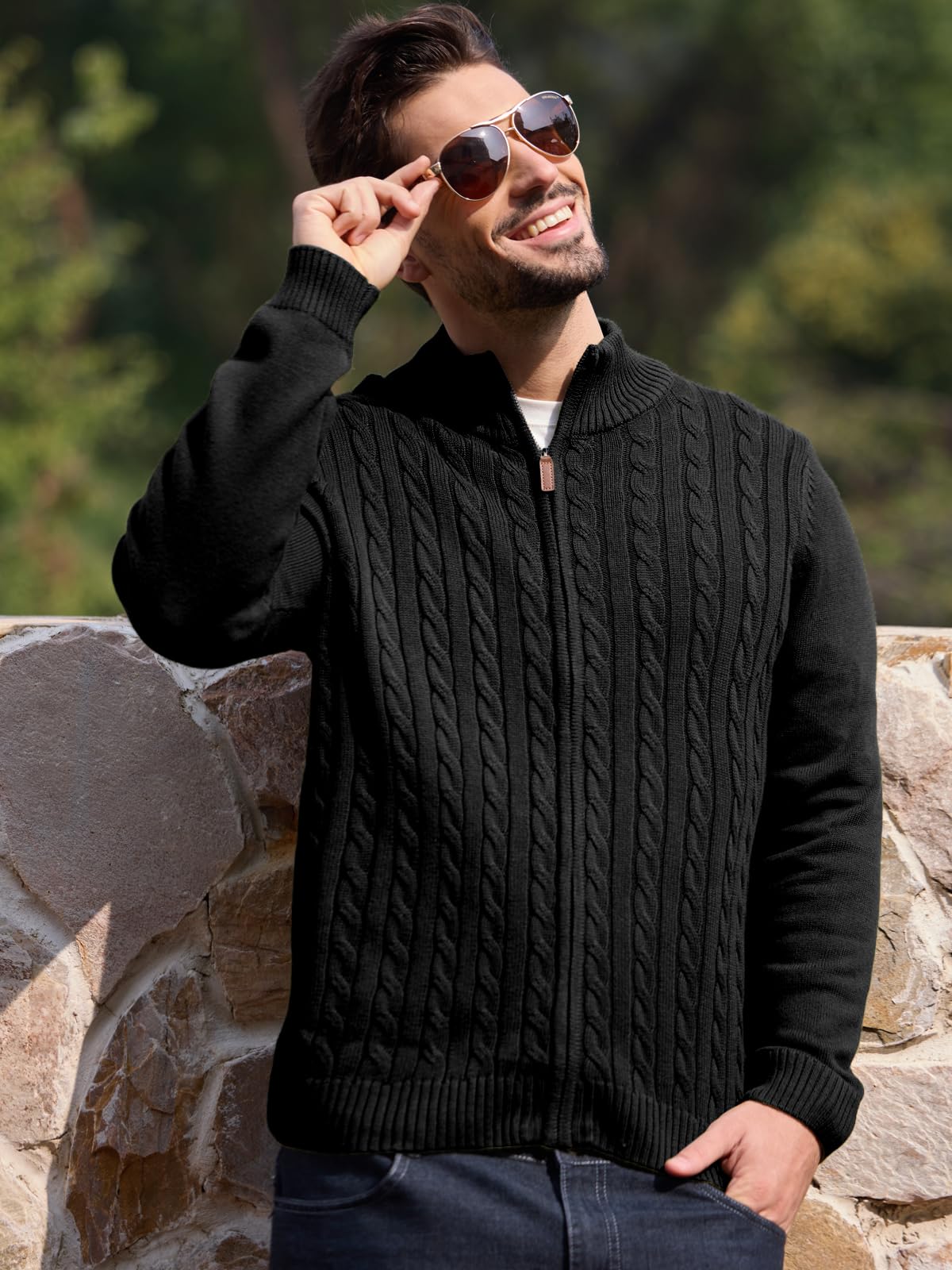 Les umes Cardigan da uomo, a collo alto, con chiusura lampo, a maniche lunghe, a maglia