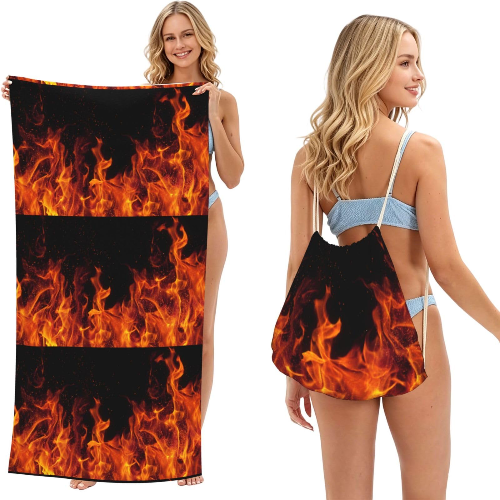 Poadnly As Picture Fire Pattern, 2 In 1 Packable Towel Bag, Beach Towels With Drawstring Backpack For Travel Holiday Camping
