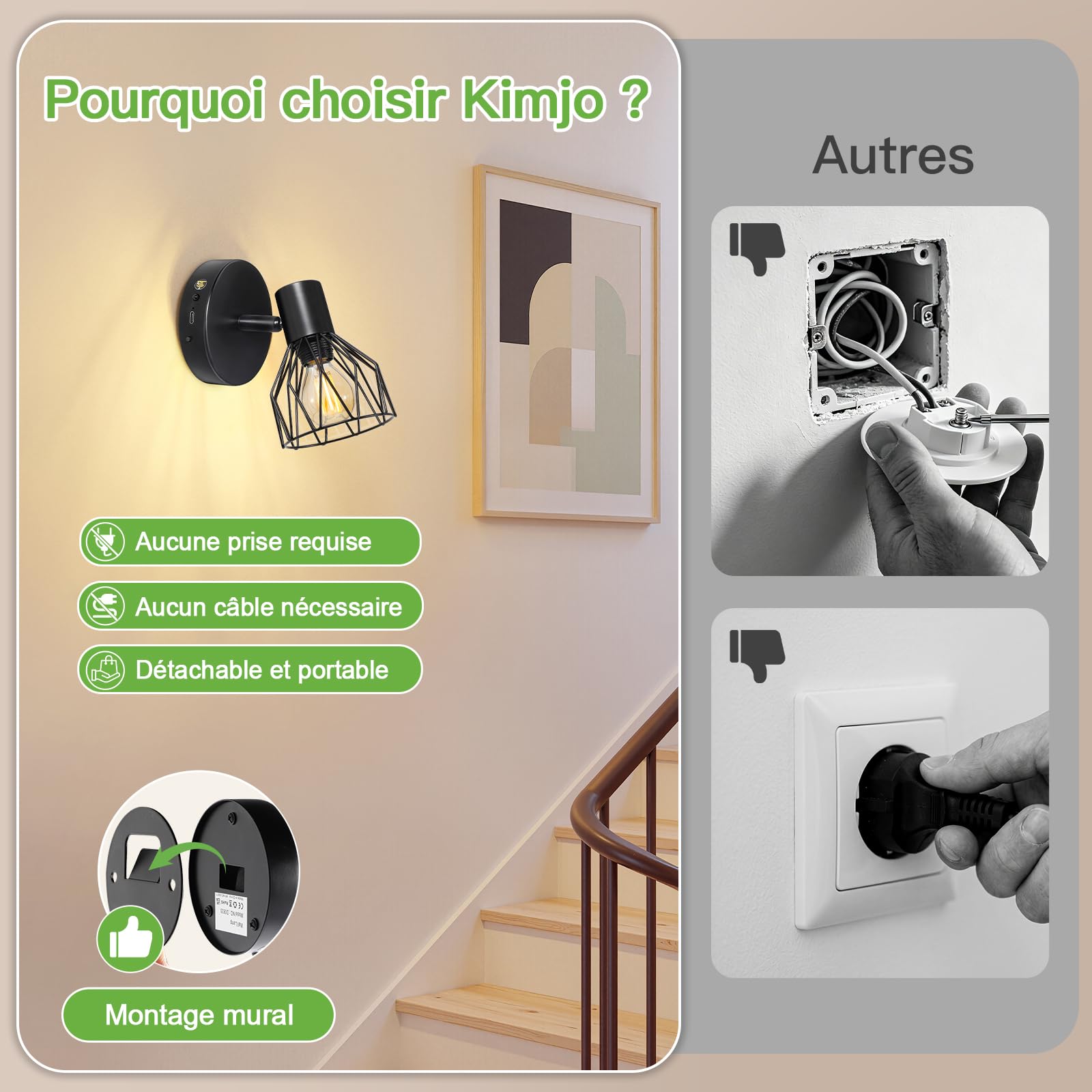 Kimjo Applique Murale Intérieure Rechargeable, Noir Lampe Murale Sans Fil