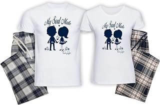 Personalised Soul Mate Couples Navy White Pink Tartan Pyjamas His and Hers Wedding Anniversary Valentines Gift Present Husband and Wife Couples Set Matching Original Design Pyjamas PJ's