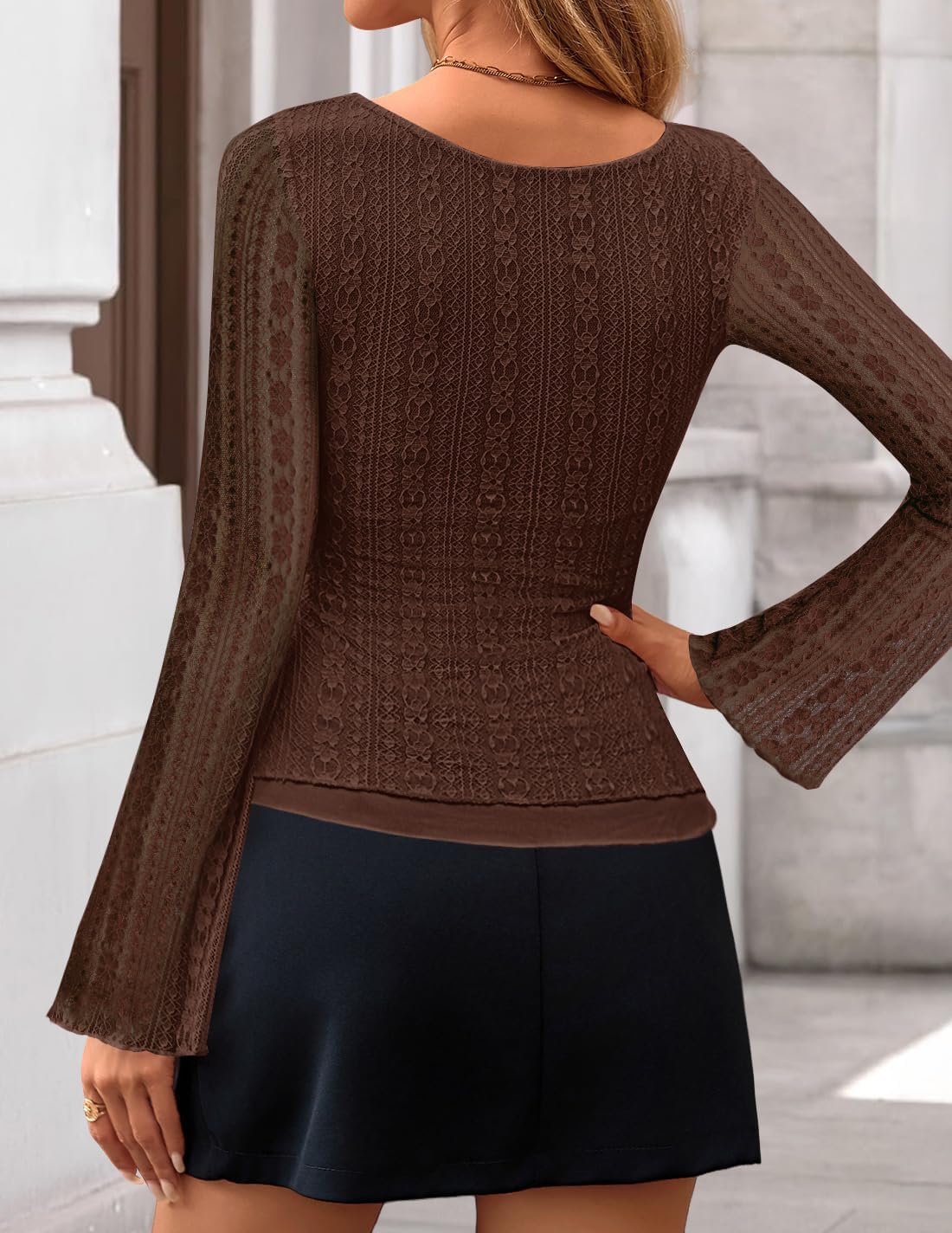 ZESICA Womens 2026 Spring Summer Lace Mesh Sleeve Tops Going Out Double Lined Slim Fit Asymmetrical Shirts Date Night Outfit - Image 5