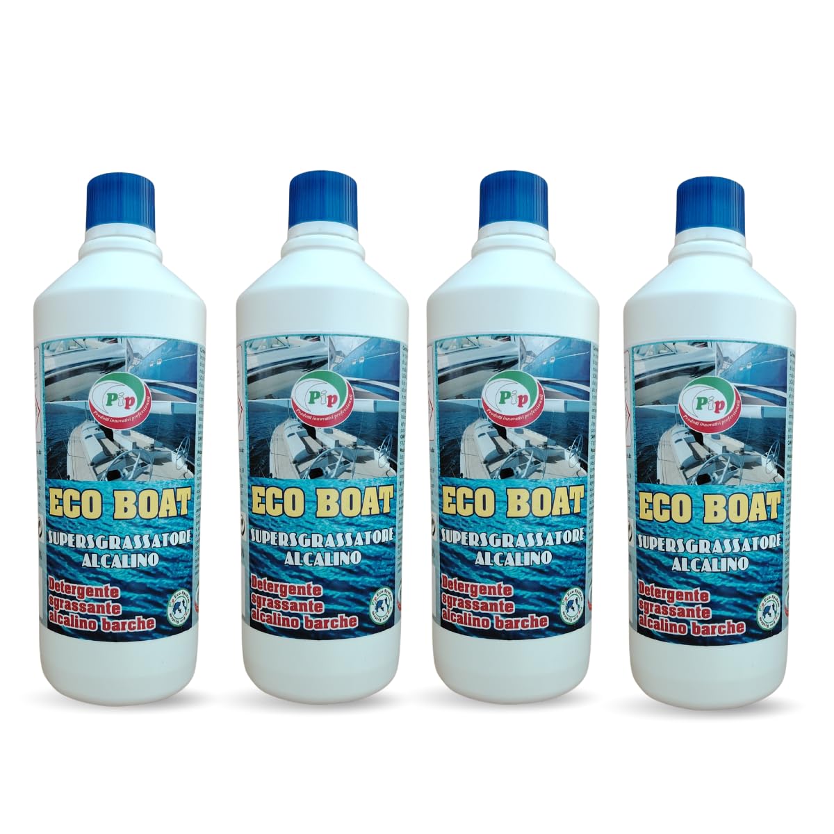 Pip Detergente per Barche Eco Boat, Super Sgrassatore Alcalino, Sgrassante Nautico, Completa Cura e Manutenzione della Imbarcazione, Professionale, Concentrato,Kit Flacone 4 x 1LT