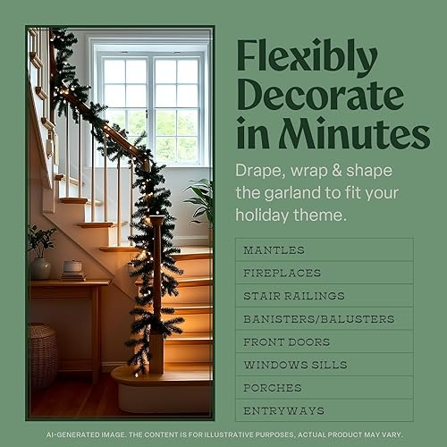 Miniatura 6 de Flexible Flyer Guirnalda de luces con pilas de 9 pies. Decoración navideña iluminada por LED de 9 pies para interiores, guirnalda de Navidad de pino