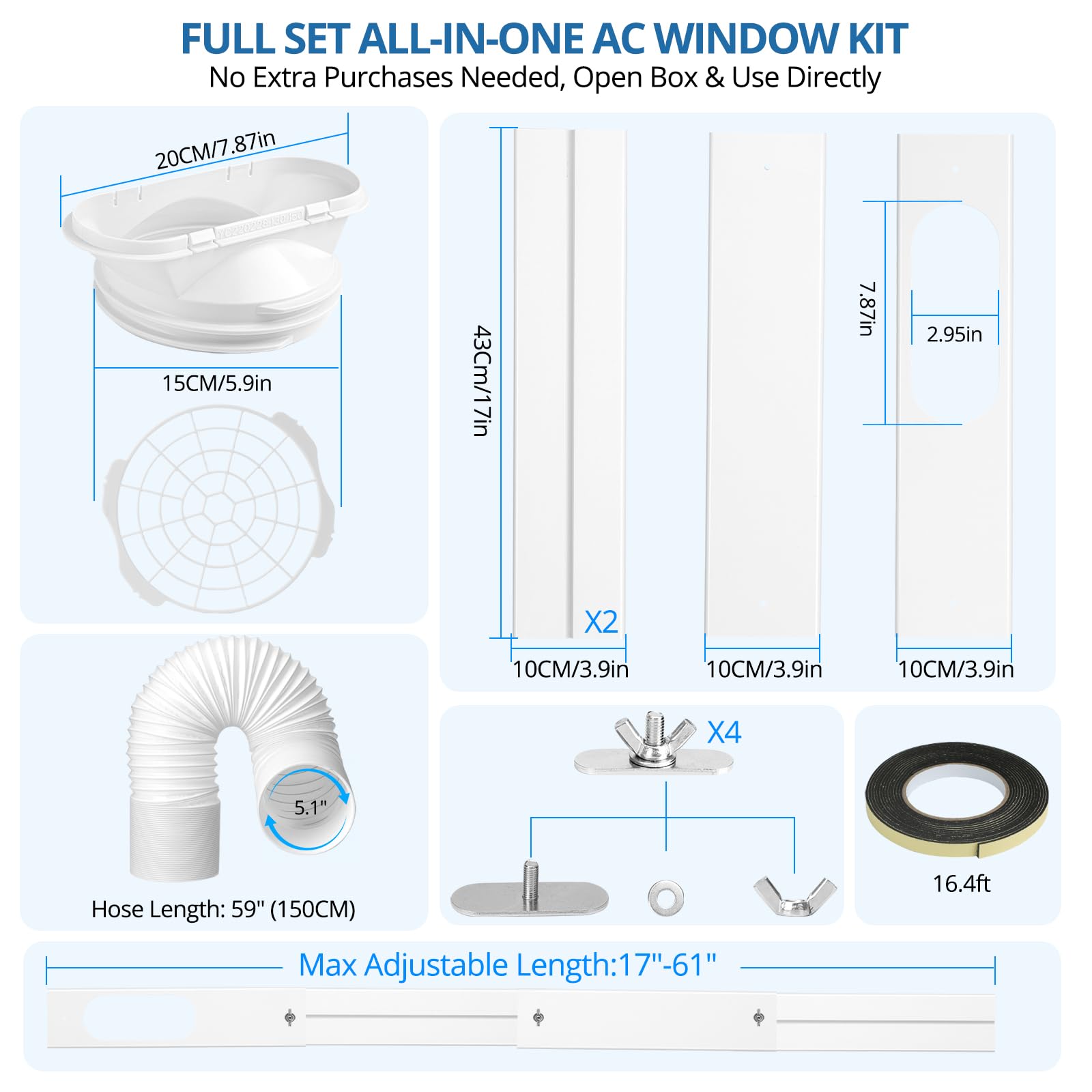 Portable AC Window Vent Kit, Universal Portable Air Conditioner Window Kit with 5.1x59 inch Anti-Clockwise Exhaust Hose, 3.9" W Adjustable Window Seal for Sliding Windows - 2
