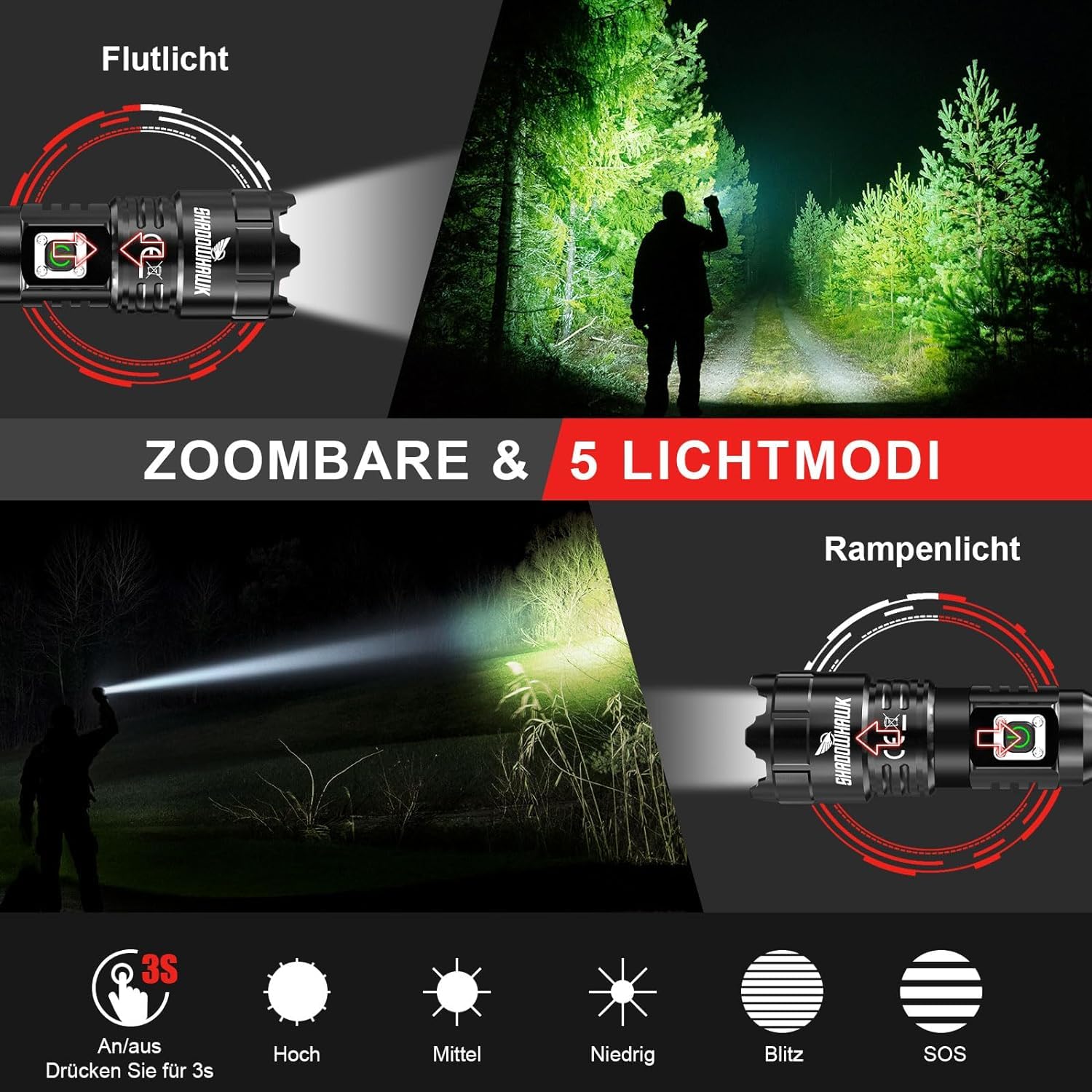 Shadowhawk LED Taschenlampe Aufladbar, Extrem Hell 500000 Lumen Taschenlampen Batteriebetrieben USB, XHP70.2 Taktische Taschenlampe, IP67 Wasserdicht 5 Lichtmodi Zoombar für Camping Wandern Notfälle