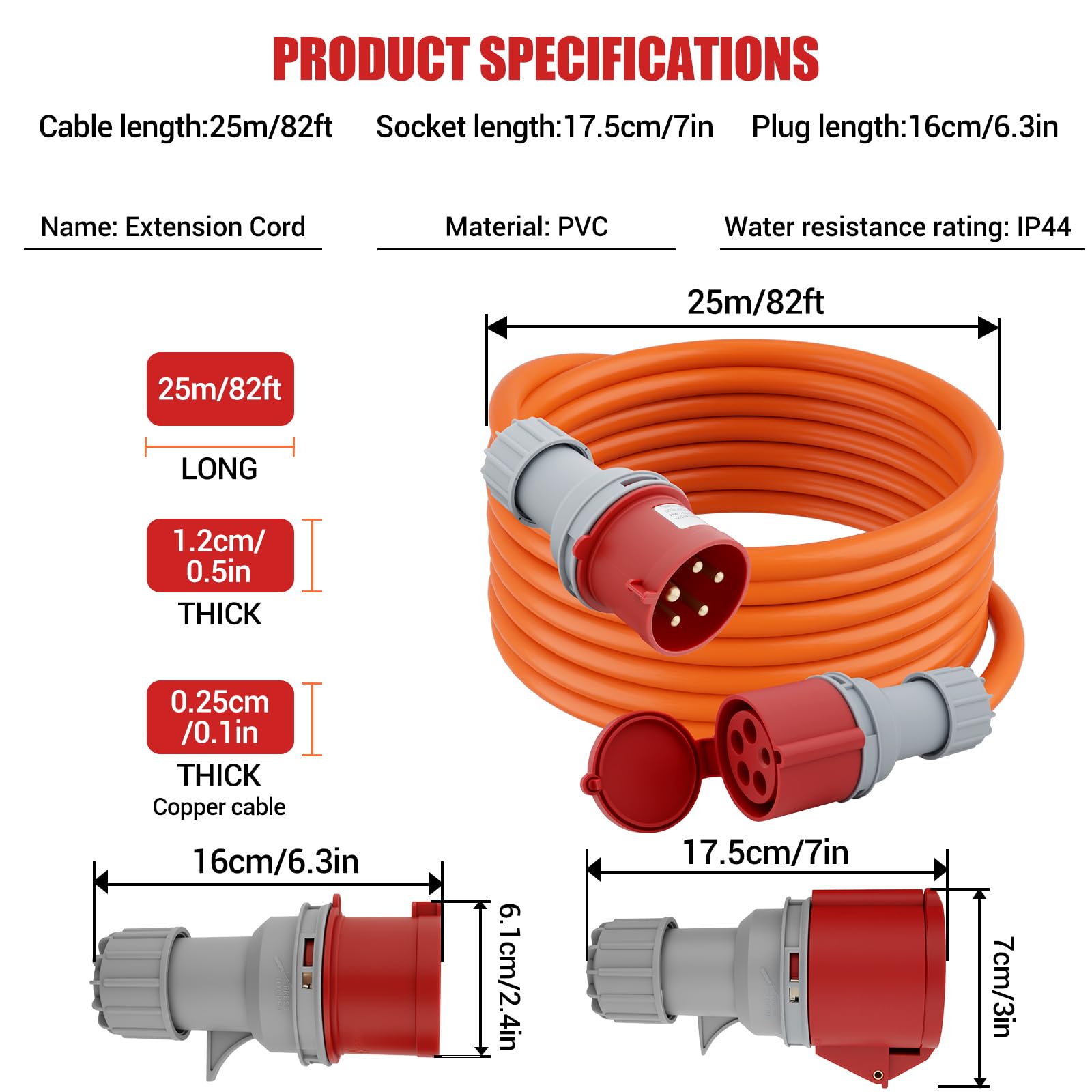 CEE-Verlängerungskabel 32A 25m für Camping – Industrielles Kabel 240V 5G2,5mm², IP44 Außenbereich, Signalfarbe Orange, Made in Germany, für Wohnwagen und Wohnmobil