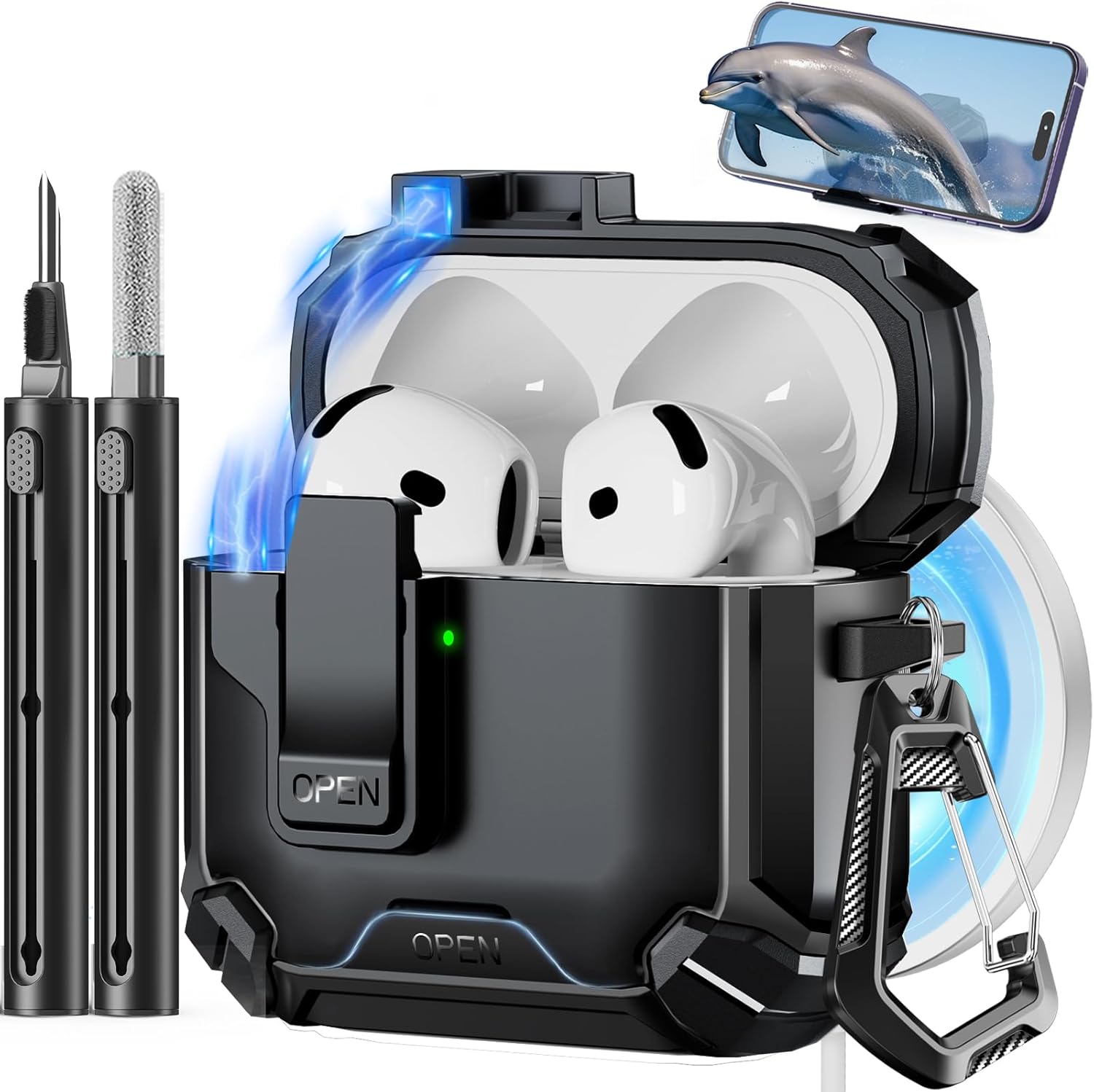 Compatible with AirPods 4th Generation Case,Compatible with Magsafe,Magnetic Automatic Lock with Phone Stand & Cleaning Kit for Airpods 4 with Active Noise Cancellation Charging Cover (2024)