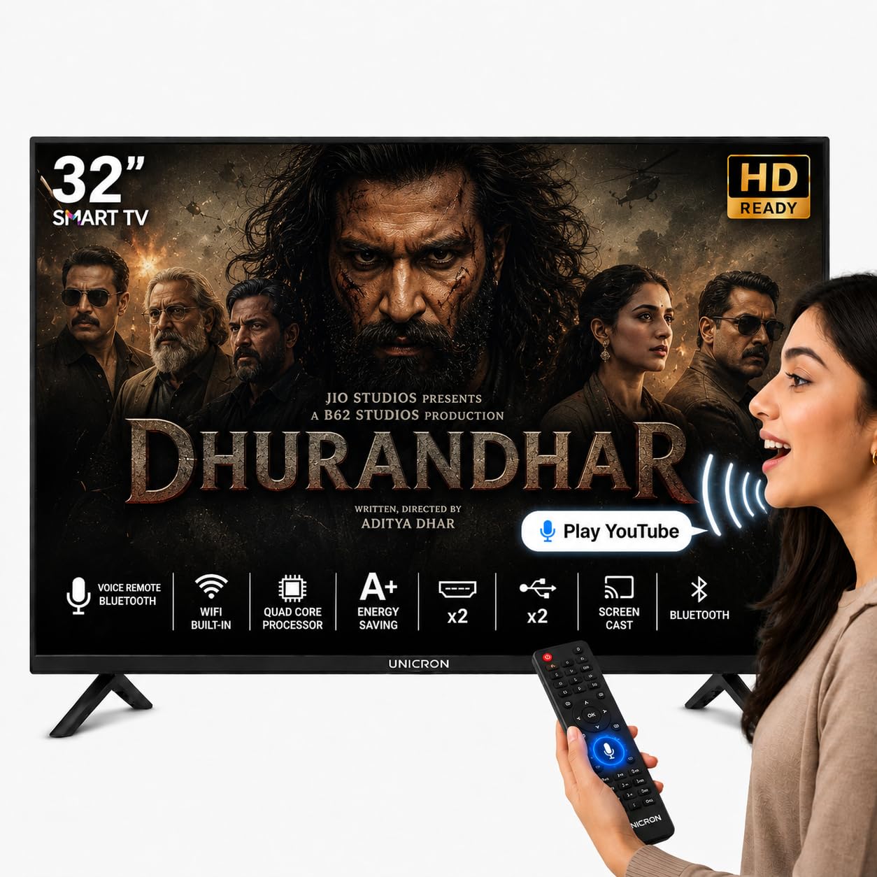 unicron 32 inch frameless smart led tv | voice control android smart tv | bluetooth, wifi, screen mirroring | hd ready display | hdmi, usb connectivity | smart television for home | premium screen a+