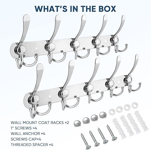 Miniatura 5 de TICONN Perchero montado en la pared, cinco ganchos resistentes de tres ganchos, construcción totalmente metálica para chaqueta, abrigo, sombrero en