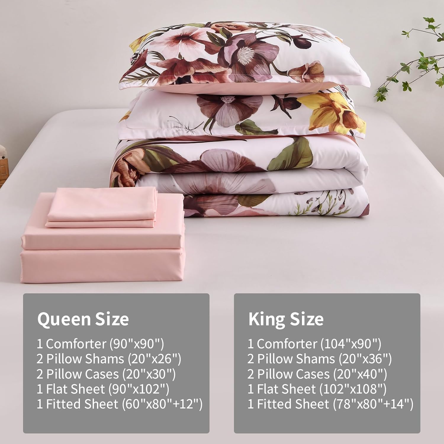 Luxudecor Floral Comforter Set Queen Size 7 Piece, Blush Flower Bed in a Bag, Elegant Floral Comforter with Sheet Set, Soft Microfiber Bedding Set for All Season (Blush, 90"x90") - Image 7