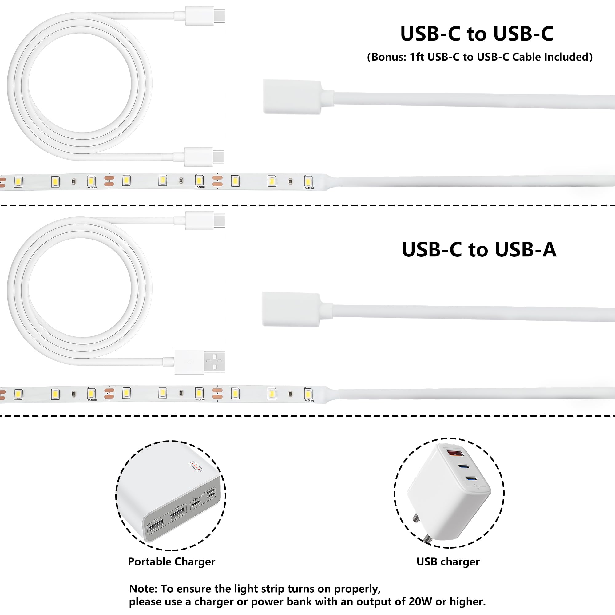 Striscia LED USB C 12 V 5 m, luminosa illuminazione sotto armadio per cucina, retroilluminazione TV e camper, nastro flessibile per stampante 3D e scrivania