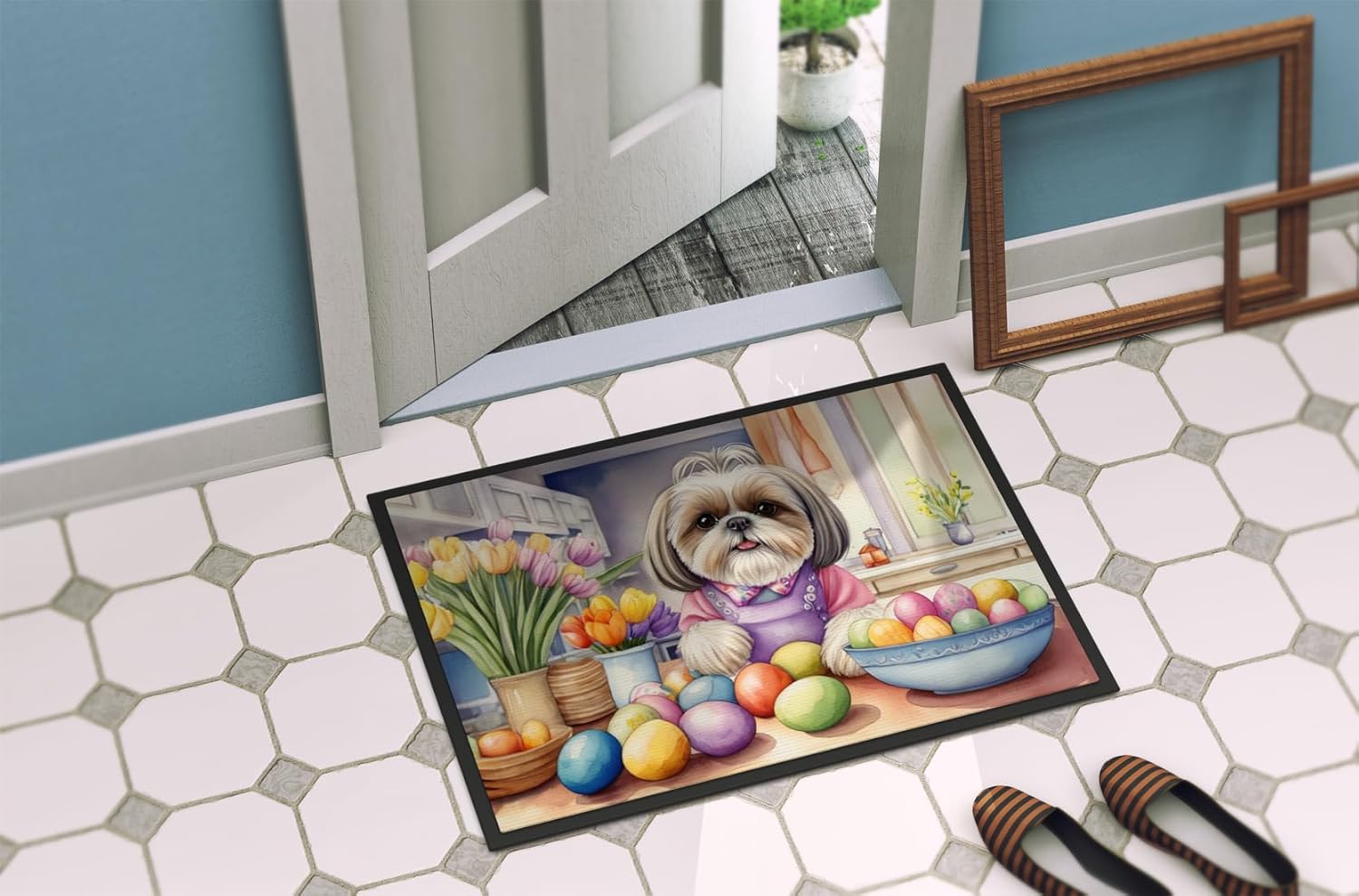 Caroline's Treasures DAC6901MAT Decorating Easter Shih Tzu Doormat Front Door Mat Indoor Outdoor Rugs for Entryway, Non Slip Washable Low Pile, 18H X 27W