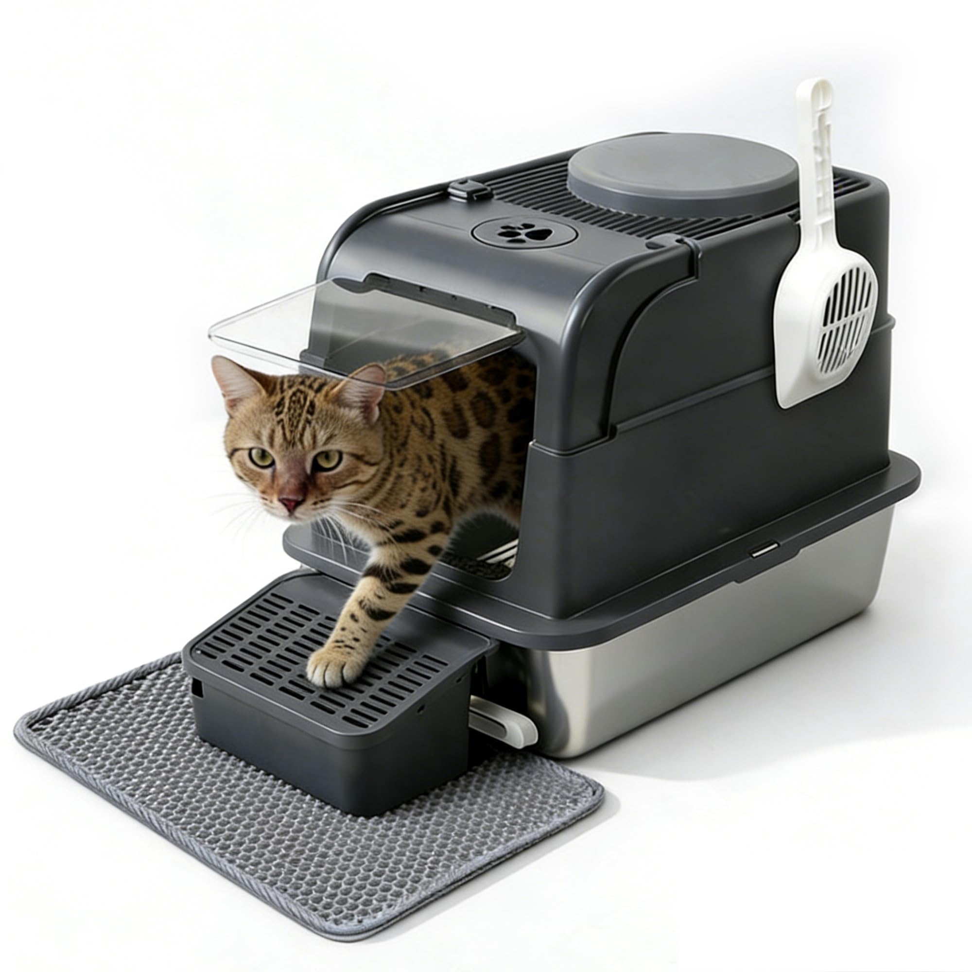 Stainless Steel Cat Litter Box with Lid,Enclosed or Open Design Front Entry Top Exit Extra Large Enclosed Litter Box,Flip-Top for Easy Cleaning,Includes Scoop & Litter Mat