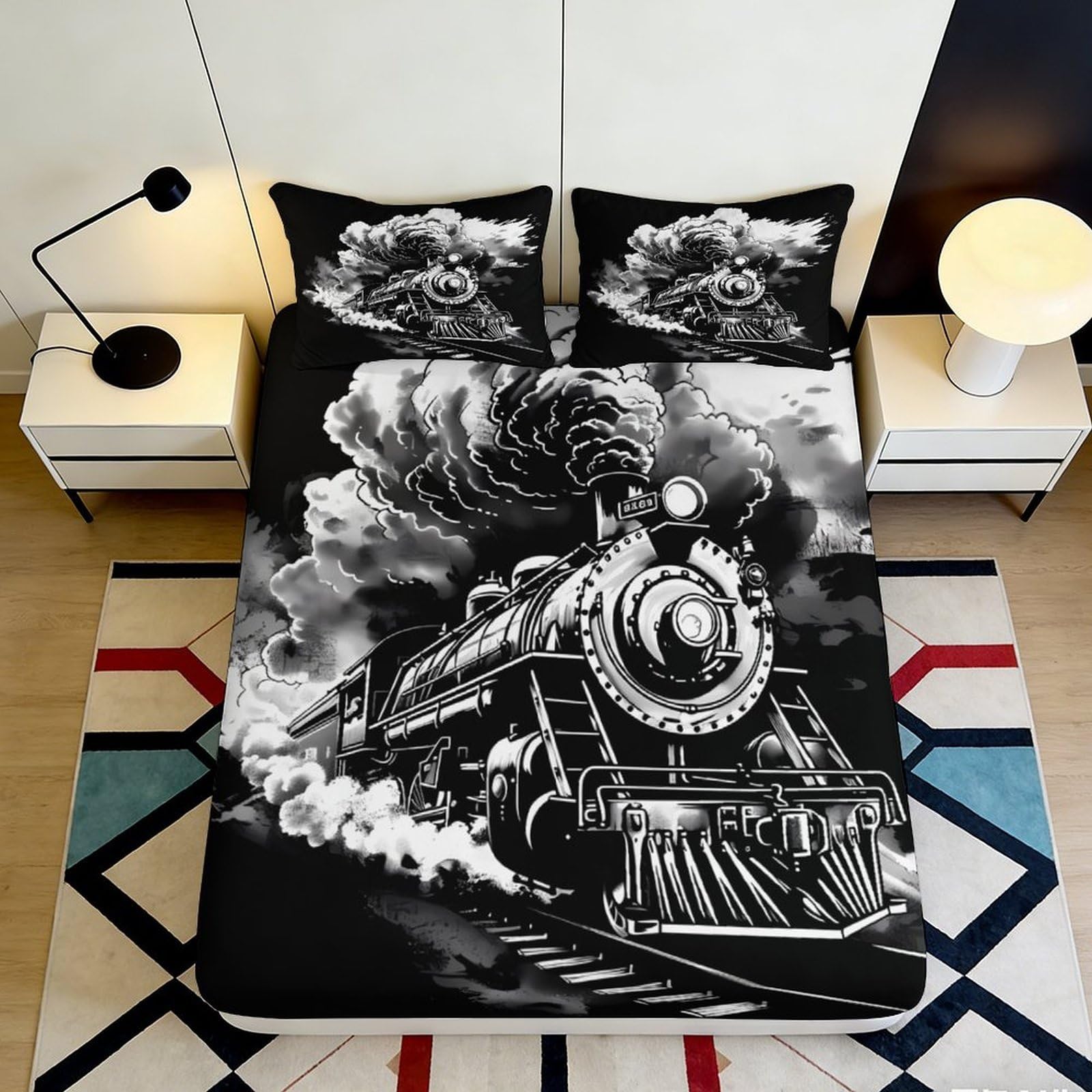 3D Printed Steam Train Fitted Sheet Microfiber Black White Vintage Locomotive Bed Cover for Bedroom Guestroom Decor 90x200x25cm