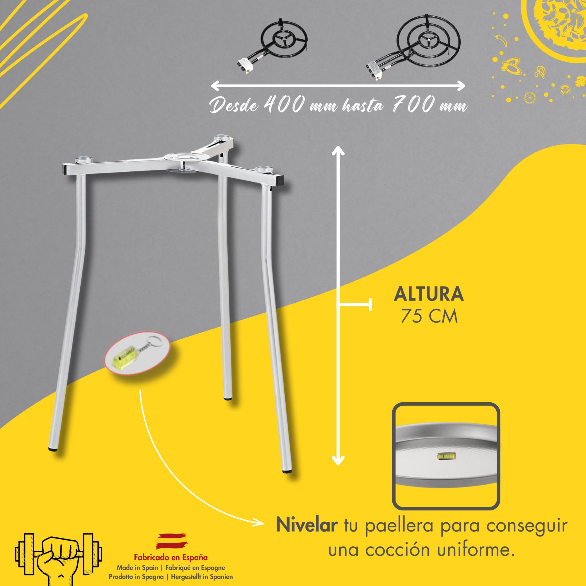 COMBOI Kit Paellero 70 cm, Bruciatore Gas 60 cm, Paella Acciaio Lucido, Ricettario Digitale