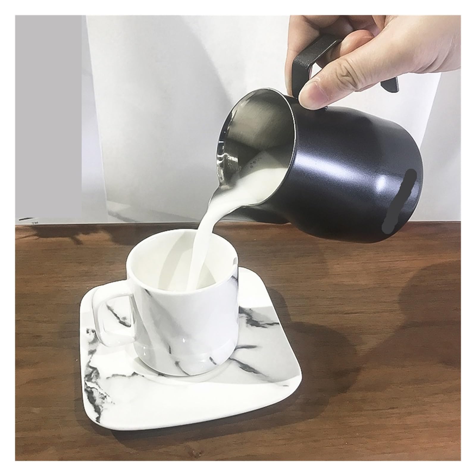 Compatible con jarra de café expreso, espuma acero inoxidable, leche, capuchino, Latte Art Cup(Black-350ml)