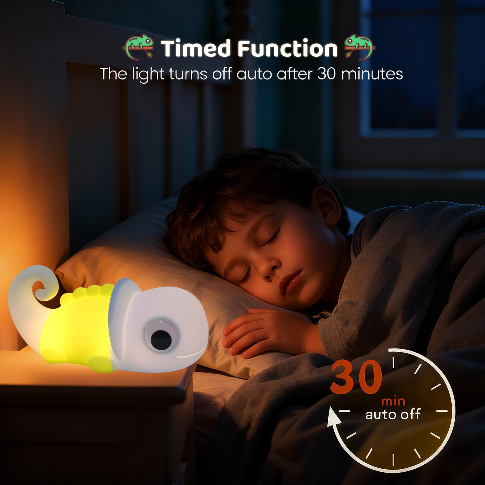 Linda luz nocturna camaleón para niños, luz nocturna esponjosa regulable de 3 niveles, temporizador de apagado automático de 30 minutos con luz de color, lámpara de silicona recargable para