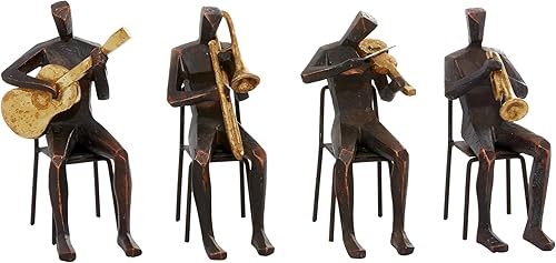 Deco 79 Polystone - Escultura decorativa de músico, estatuas de decoración del hogar con instrumentos dorados, juego de 4 figuras de acento de 5