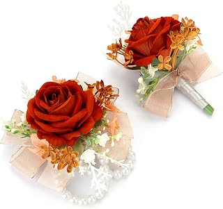 2pcs Orange Silk Artificial Flower Corsage Set for Wedding & Prom Decor