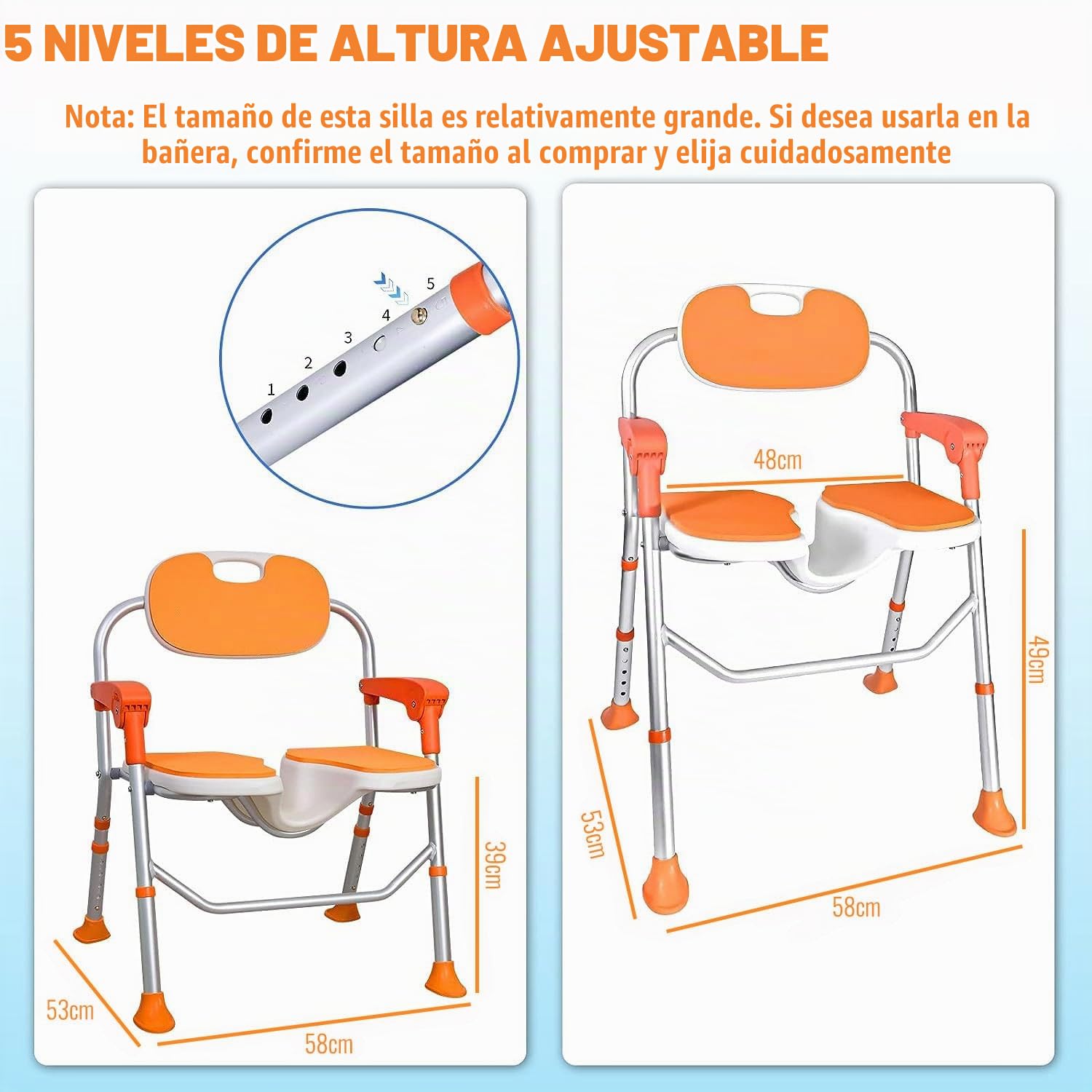Silla de Ducha para Personas Mayores, Asiento de Ducha con reposabrazos y Respaldo, Silla de Ducha Plegable, soporta hasta 180 kg, Altura Regulable (Color Naranja, 53 * 58 * 83cm)