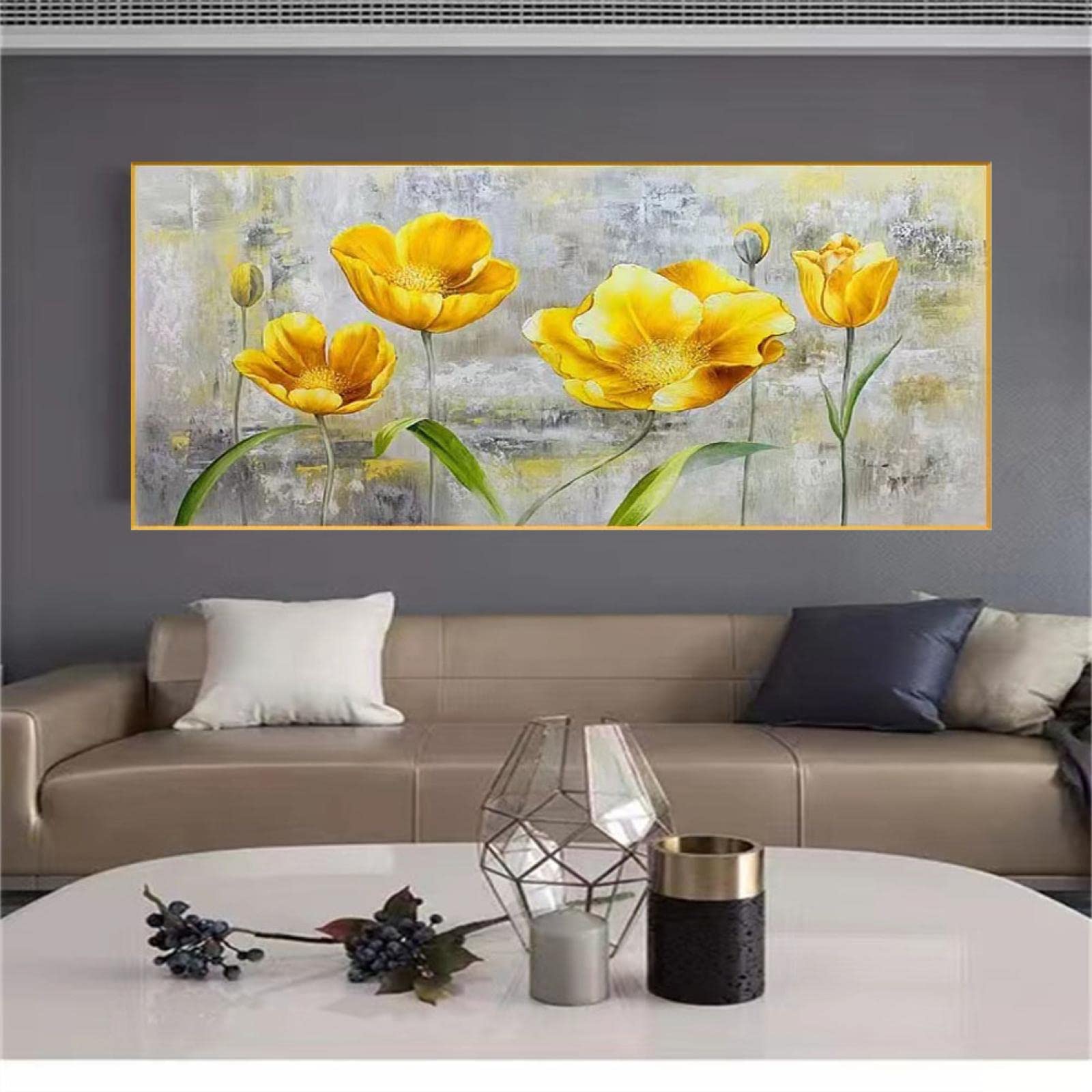 Impresiones enmarcadas de moda Decoración abstracta del hogar para la sala de estar - Pinturas al óleo de flores sobre lienzo Imagen de arte de pared grande 20x40cm (8x16in) con marco