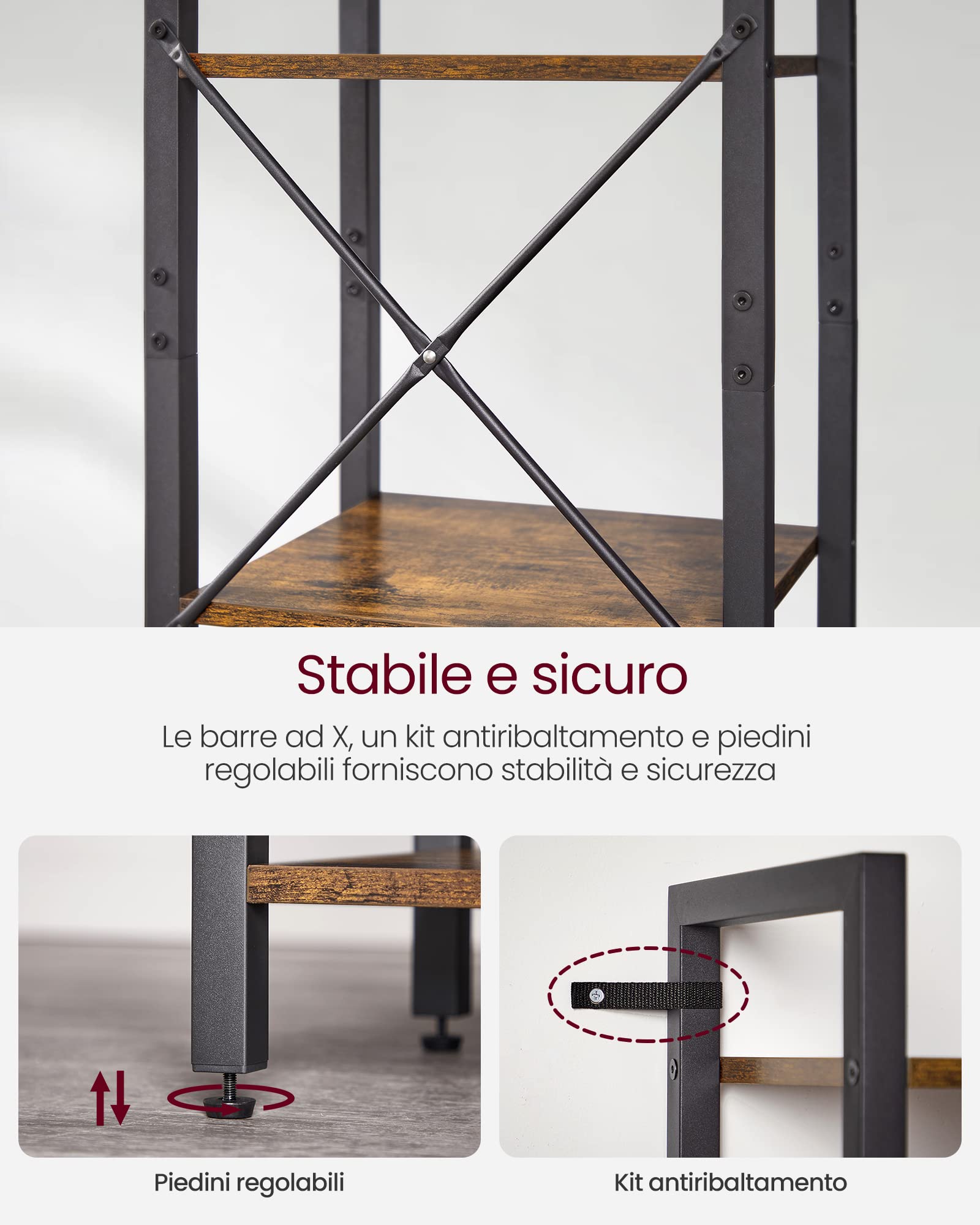 VASAGLE Scaffale a 6 Ripiani, Libreria per Ufficio, Studio, Soggiorno, Camera da Letto, 30 x 40 x 186 cm, Stile Industriale, Marrone Vintage e Nero Inchiostro LLS101B01