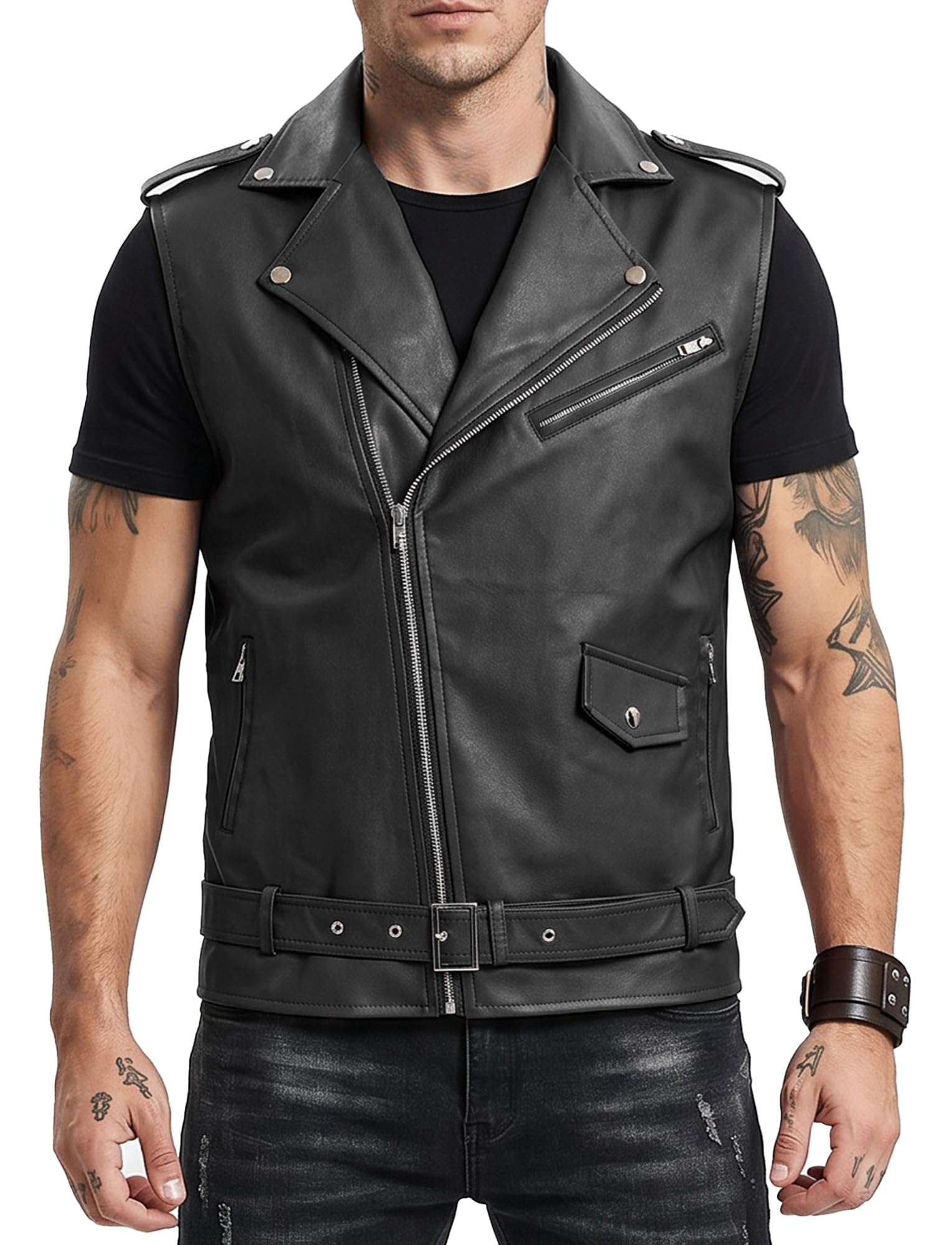 Gilet da motociclista da uomo, in pelle, senza maniche, XS-4XL