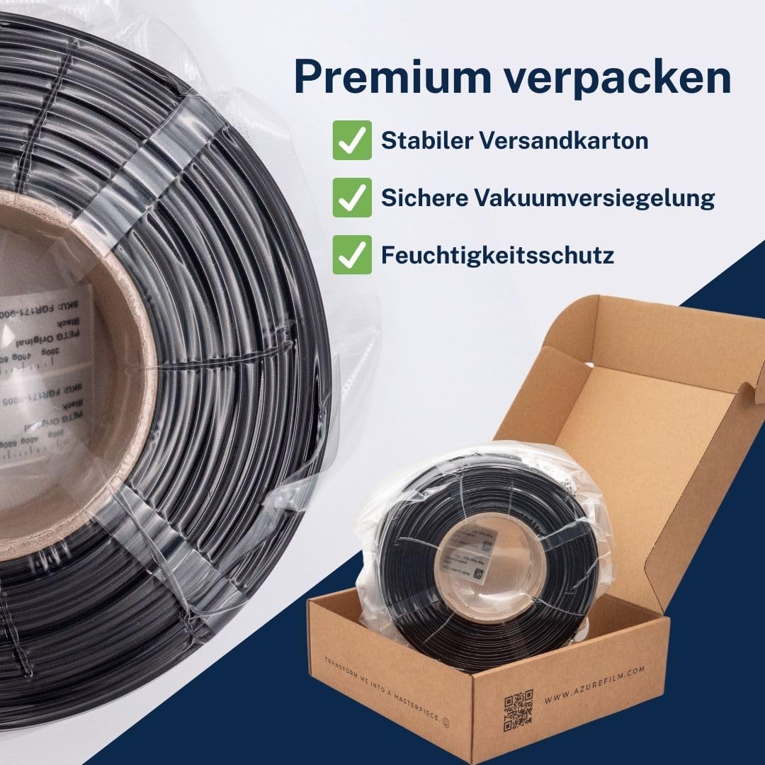 AzureFilm PETG Hyper Speed Refill Filament 1,75 mm, 10 kg (10x1 kg), stark & langlebig, feuchtigkeitsbeständig, für Hochgeschwindigkeits-3D-Druck, inkl. 2 gratis Spulen (Schwarz)
