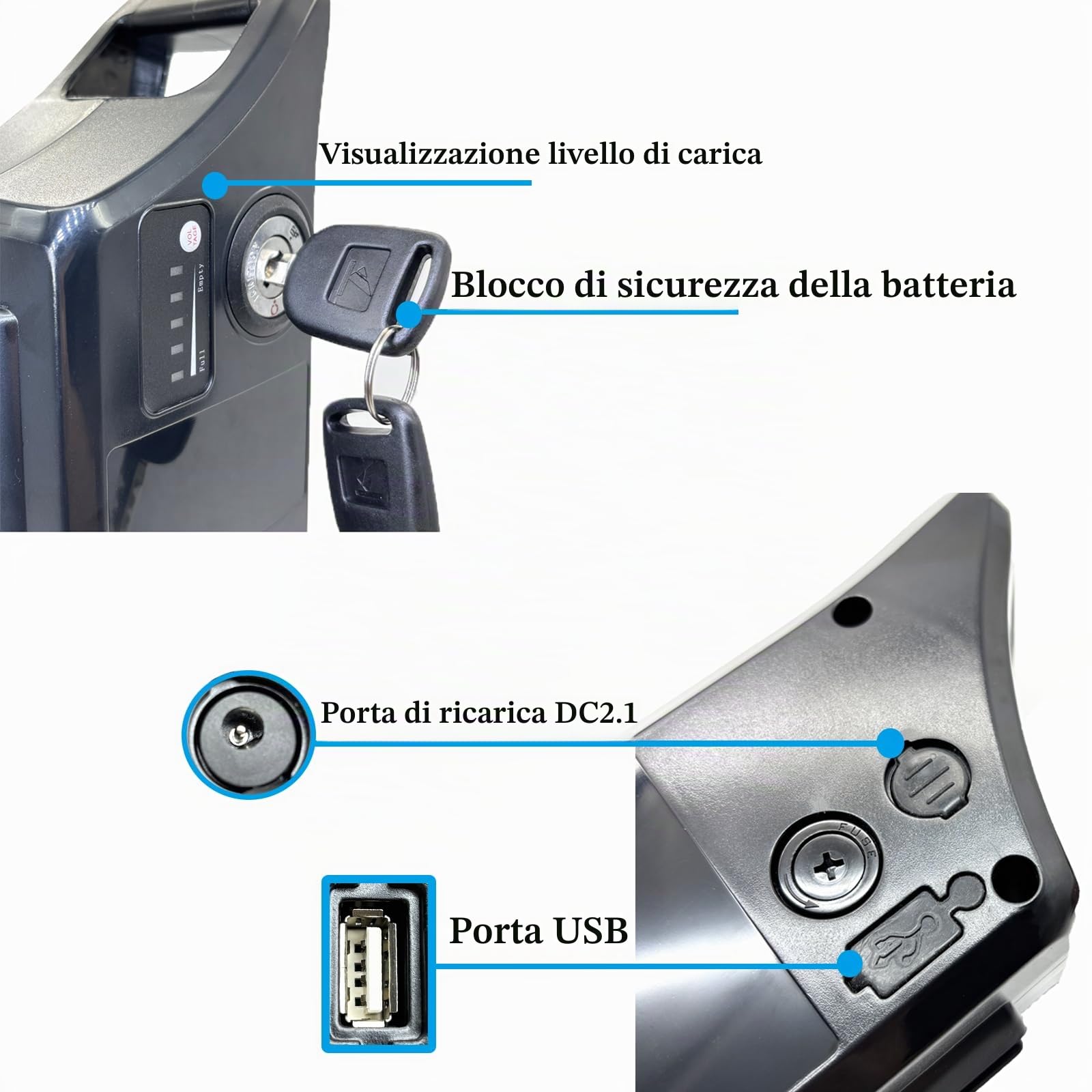Batterie per e-bike da 36V/48V 15,6Ah/18Ah/21Ah/10,4Ah/12,8Ah/14Ah Compatibili con le batterie per e-bike Argento Mini Max // Argento Piuma (48V 12.8AH)