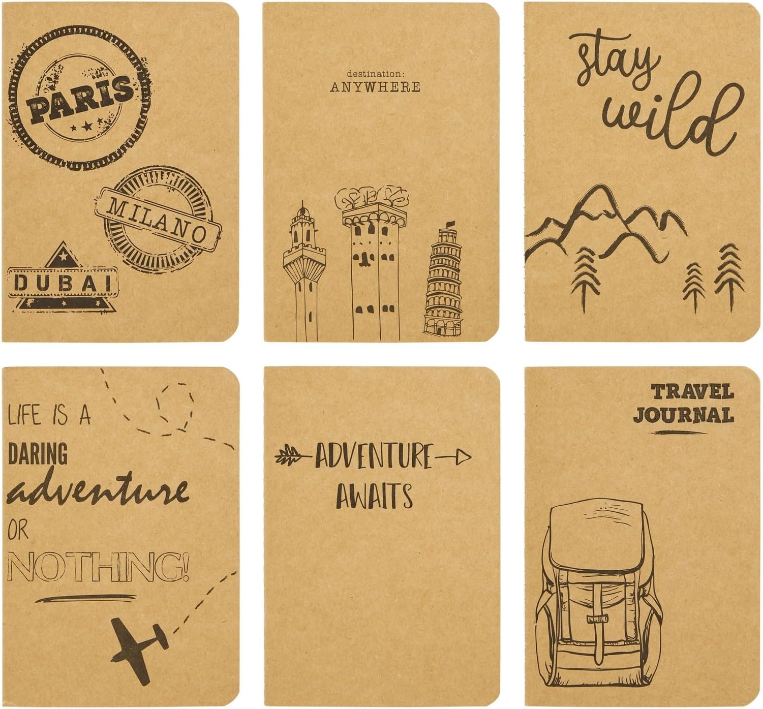 Paper Junkie A6 Notebook Bulk - 4x6 Brown Kraft Paper Lined Journals for Kids, Coworkers, Office School Supplies (80 Lined Page, 4 x 5.75 In) - 6 Adventure & Travel Designs (Pack of 12) Office Product