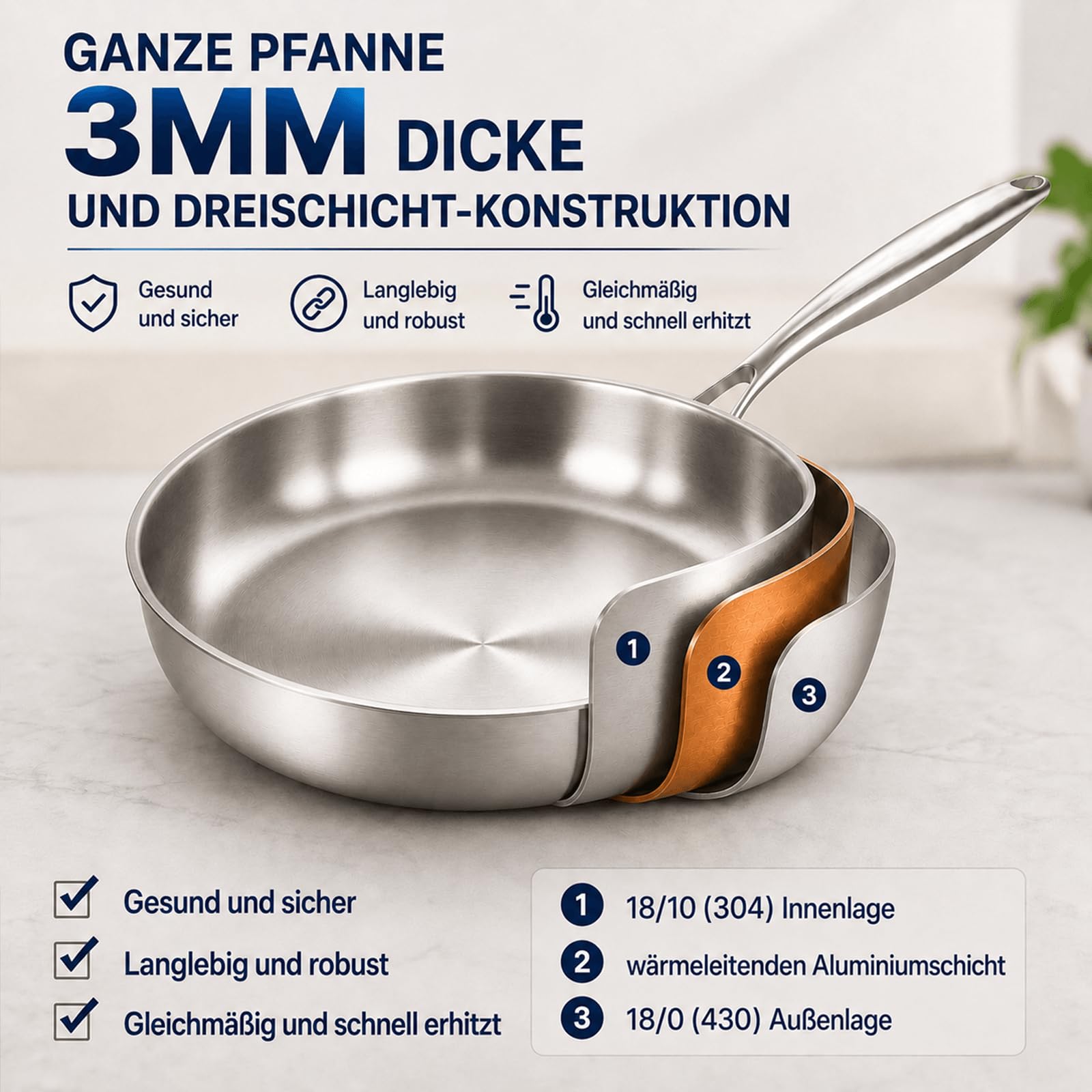 Edelstahlpfanne 30 cm mit Deckel, Durchgehend 3-lagig (3 mm) | Unbeschichtet Bratpfanne, Energieeffizient, für Induktion, Backofenfest bis 400°C, Geeignet für Steaks, Hähnchenbrust