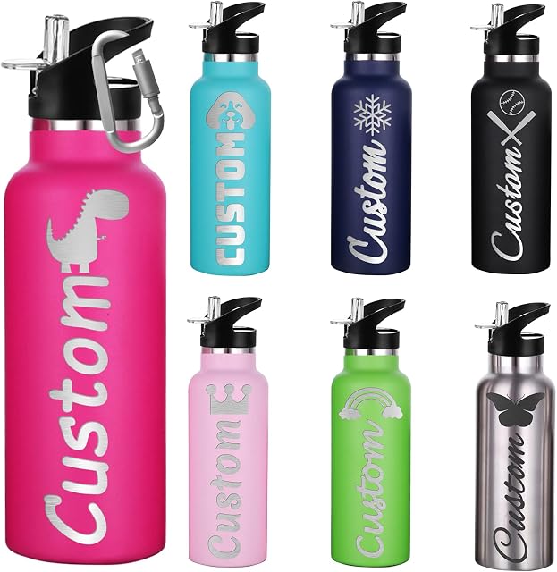 Custom Water Bottles, Personalised Sports Water Bottles with Straw Lid and Handle, Engraved Name Customized Water Bottle Leak Proof Vacuum Stainless Steel for Camping, Office (12oz)